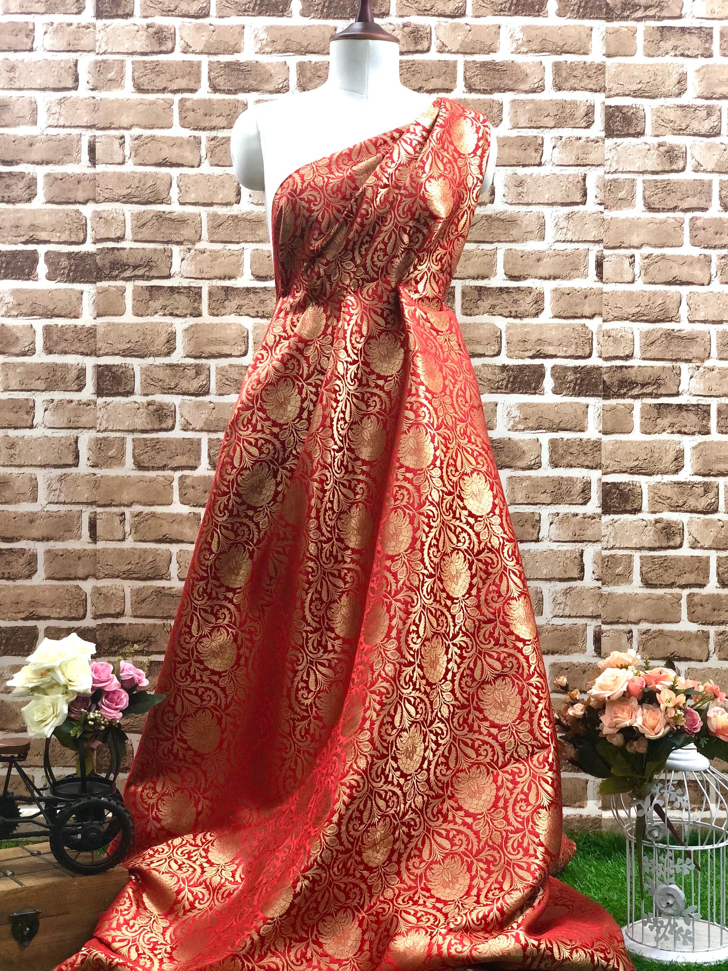 Indian Banarasi Brocade Fabric in Red and Gold color, Multiple lengths will come in the continuous Piece - NF416