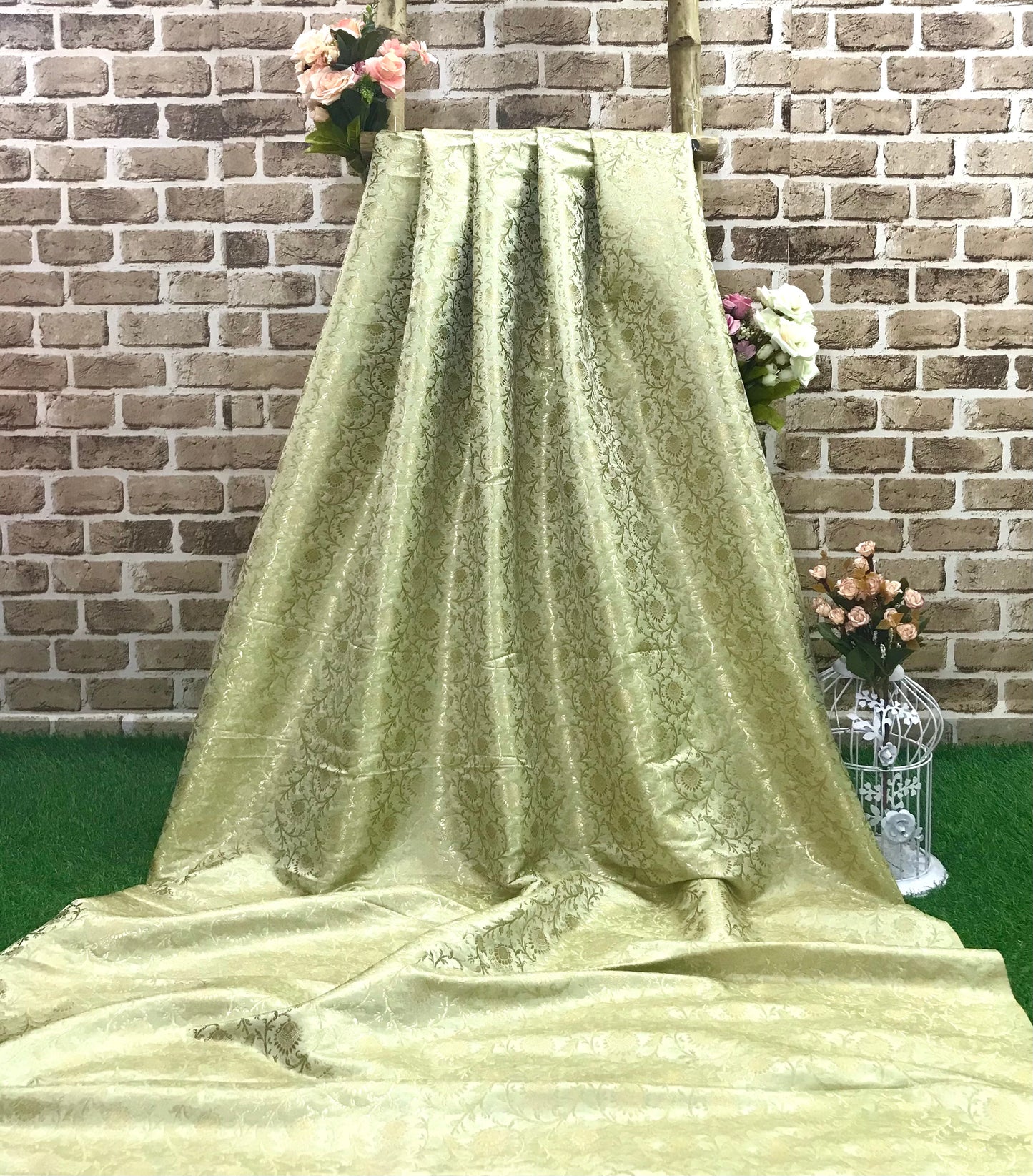 Indian Banarasi Brocade fabric in Sage Green and Gold color, Multiple lengths will come in the continuous Piece - NF1095