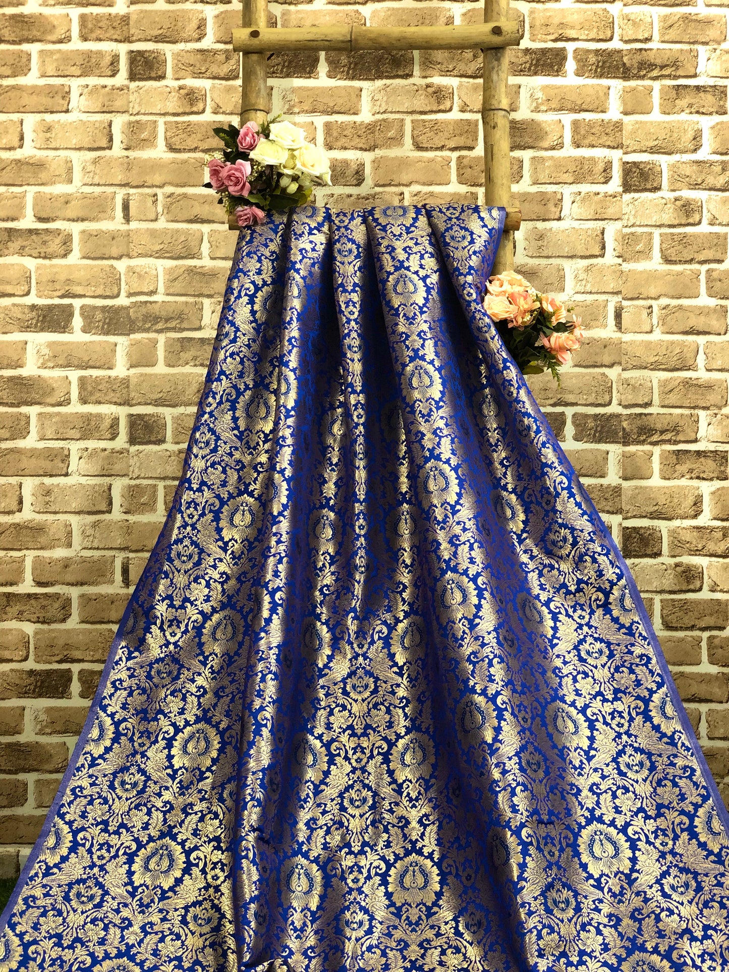 Indian Banarasi Brocade Fabric in Royal Blue and Gold color, Multiple lengths will come in the continuous piece - NF903