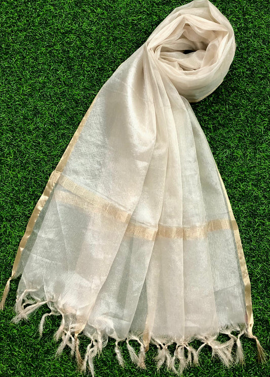 Off White with gold Border Chanderi Cotton Silk Dupatta for Women, Stole, Scarf, shawl, abaya, Chuniri, Indian Chunni, Banarasi Dupatta, DP15