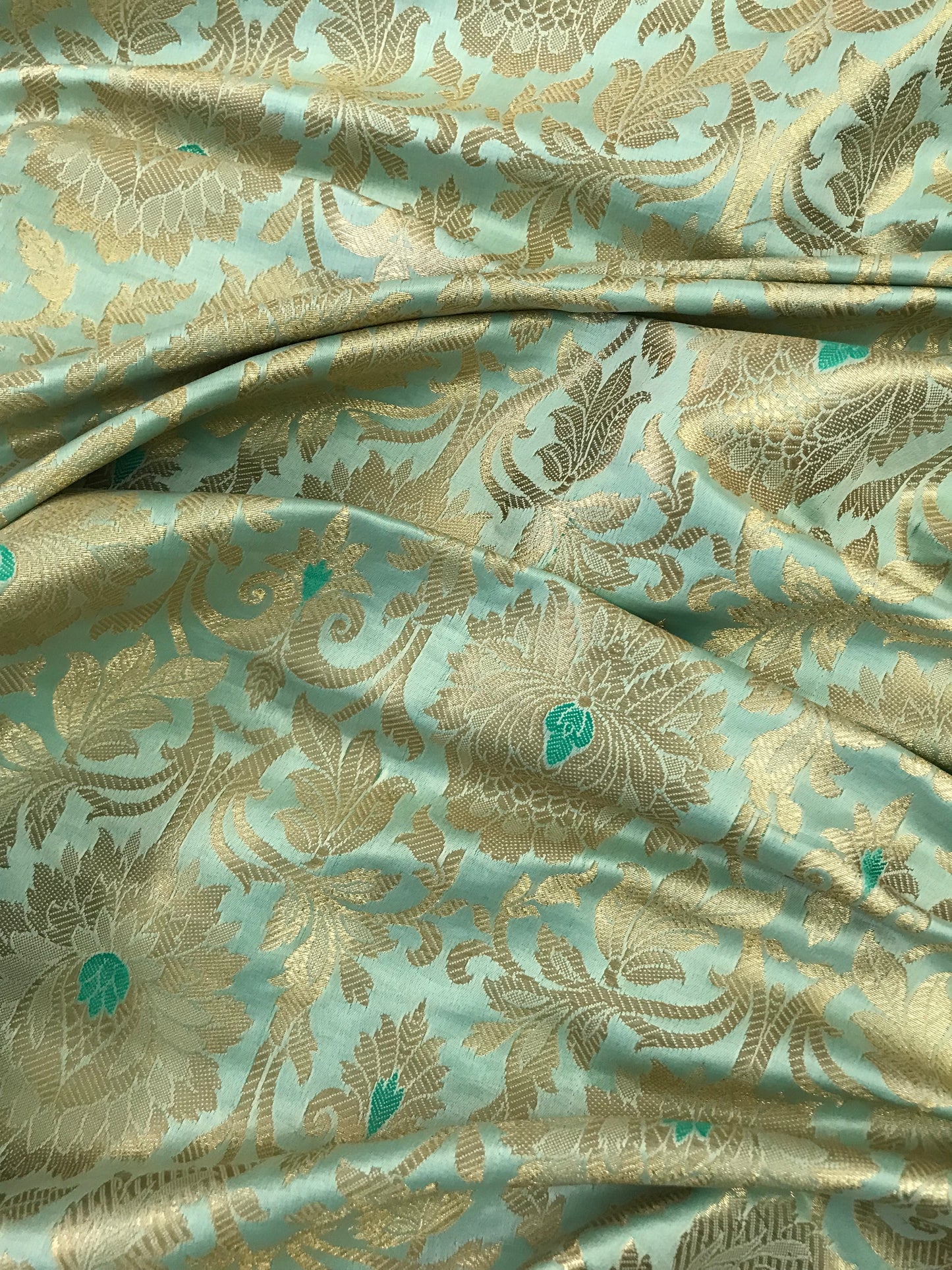 Indian Banarasi Brocade fabric in sea Green and Gold color, Multiple lengths will come in the continuous piece - NF893