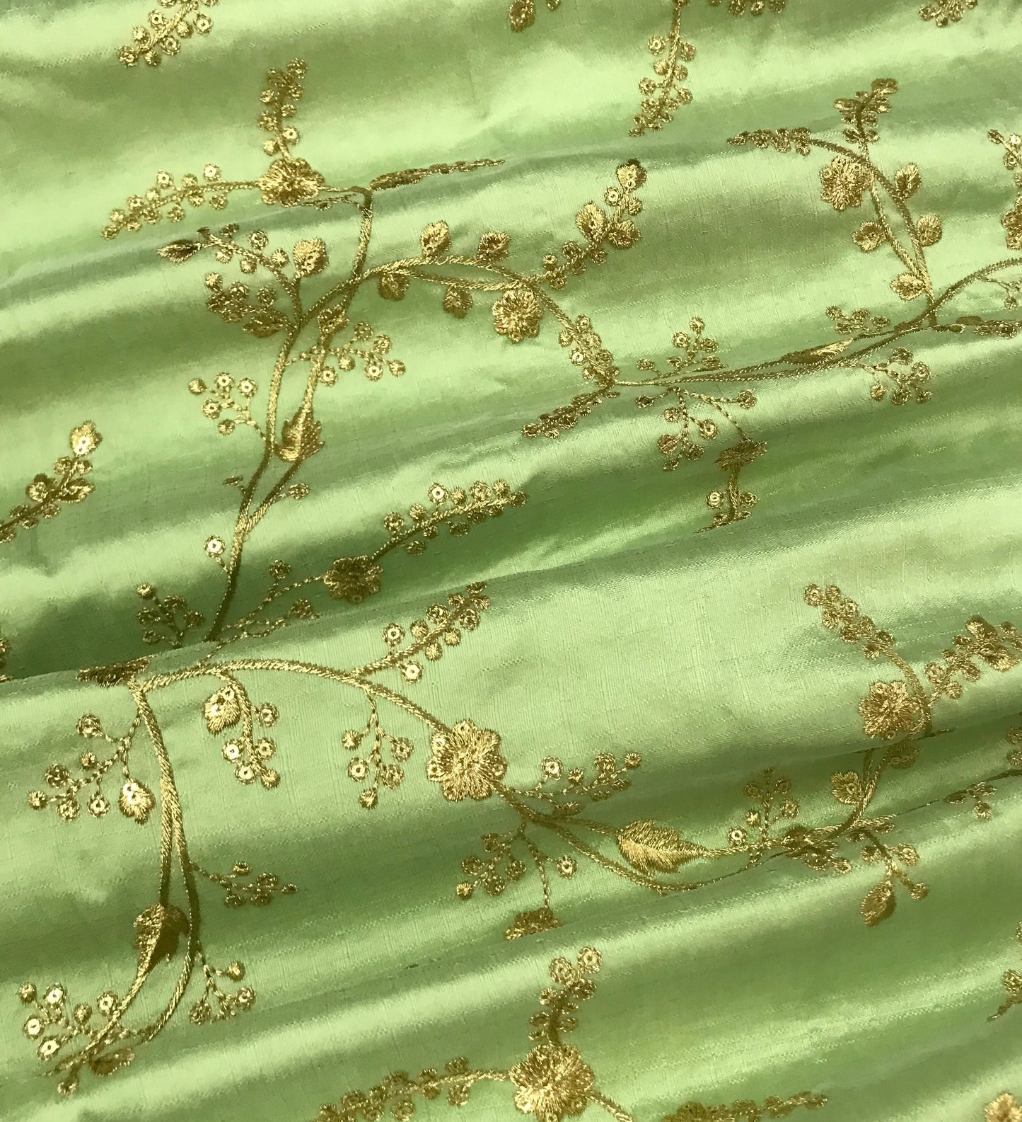 Indian Embroidered Fabric in Green and Gold Color,  Multiple lengths will come in a continuous piece - NF472