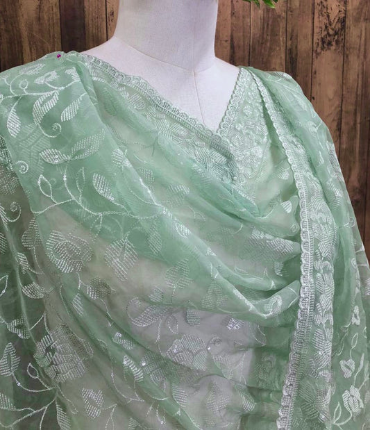 Sage Green Indian Organza Dupatta for Women with Sequins Embroidery, Stole, Scarf, shawl, abaya, Chuniri, Embroidered Indian Chunni, DP1025