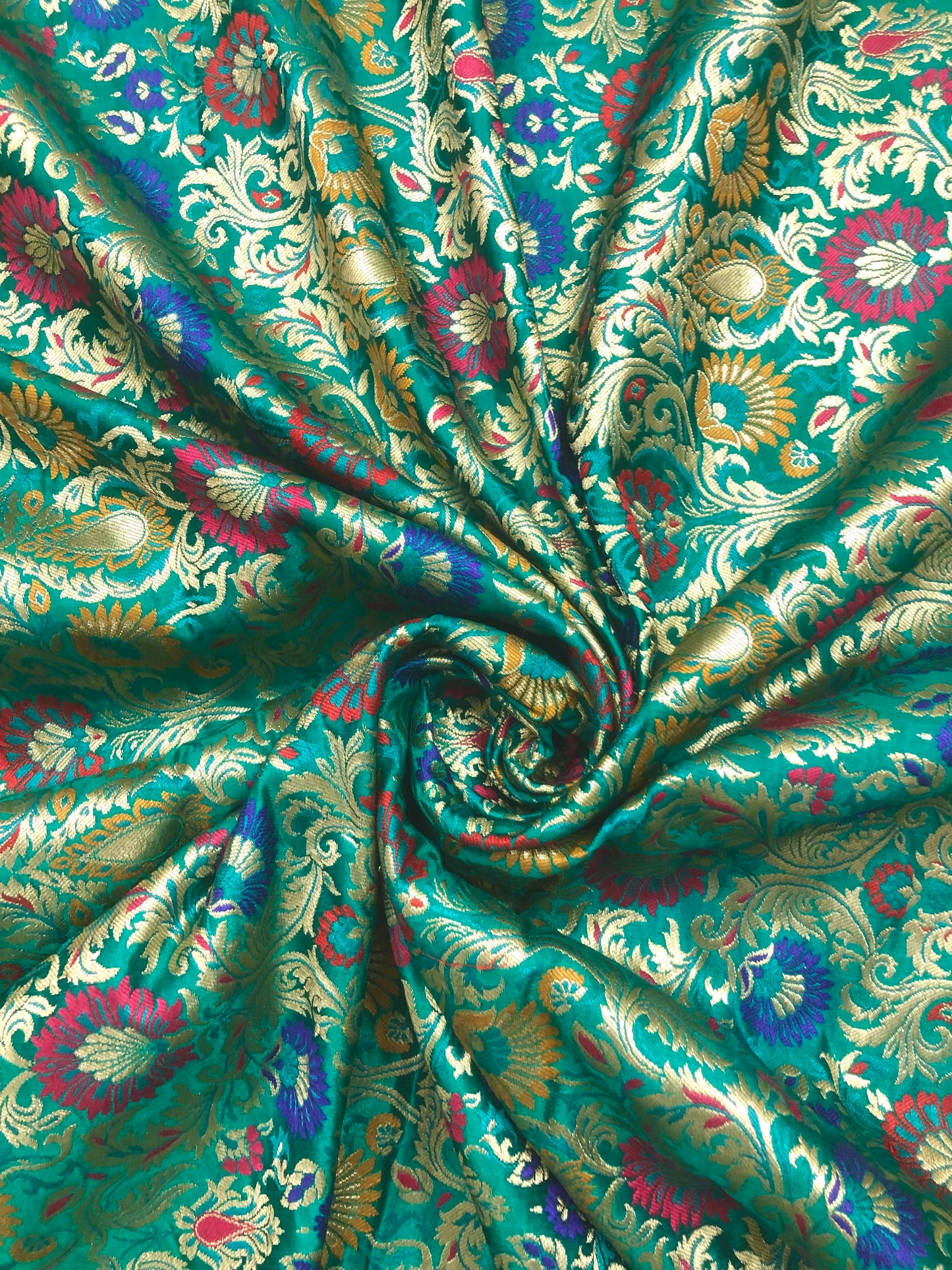 Indian Banarasi Brocade Fabric in Green and Gold color, Multiple lengths will come in the continuous Piece - NF599