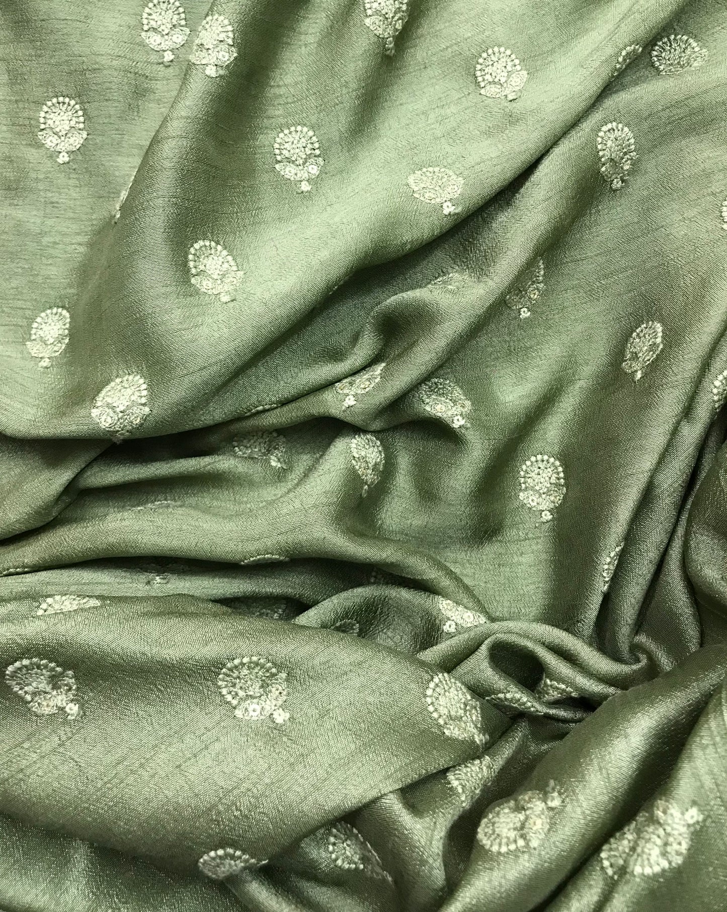 Indian Embroidered Viscose Silk Fabric in Green and Gold Color,  Multiple lengths will come in the continuous piece - NF556