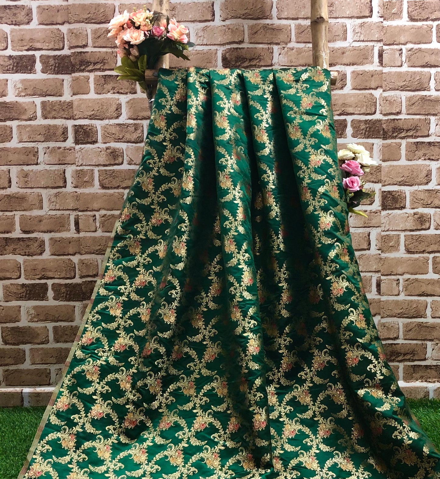 Indian Banarasi Brocade Fabric in Green and Gold color, Multiple lengths will come in the continuous piece - NF432