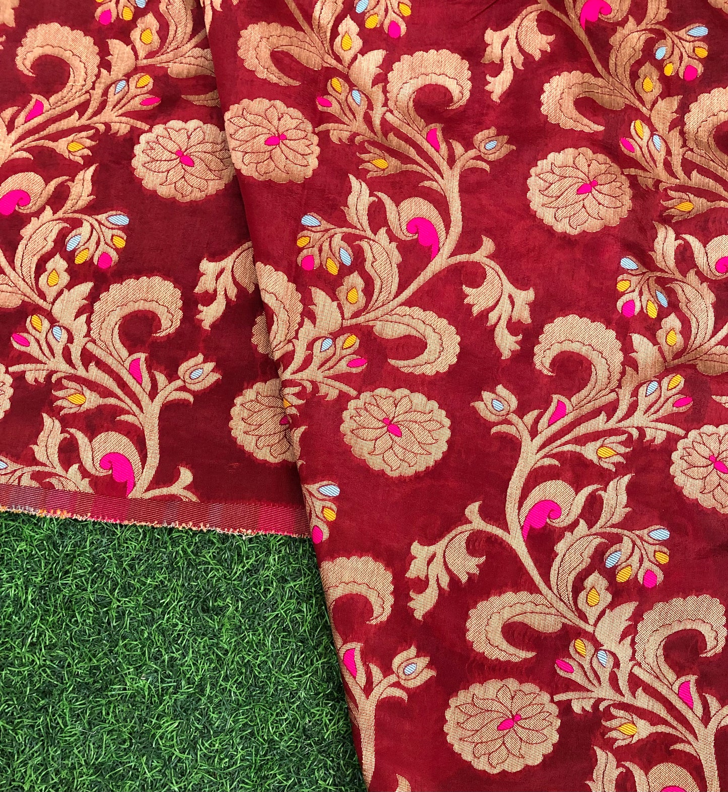 Banarasi brocade fabric, Maroon Gold Rayon silk brocade fabric, Home décor fabric, Floral brocade, Metallic brocade, Jacquard fabric - NFAF411