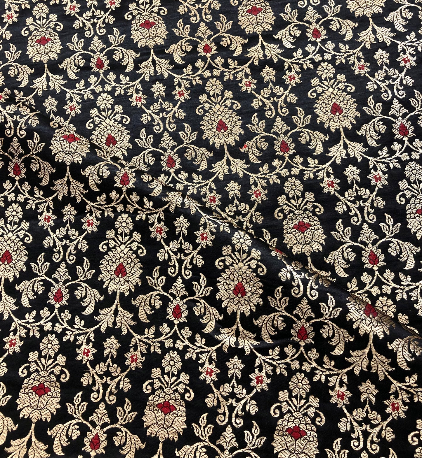 Indian Banarasi Brocade Fabric in Black and Gold Color, Multiple lengths will come in the continuous piece - NF710