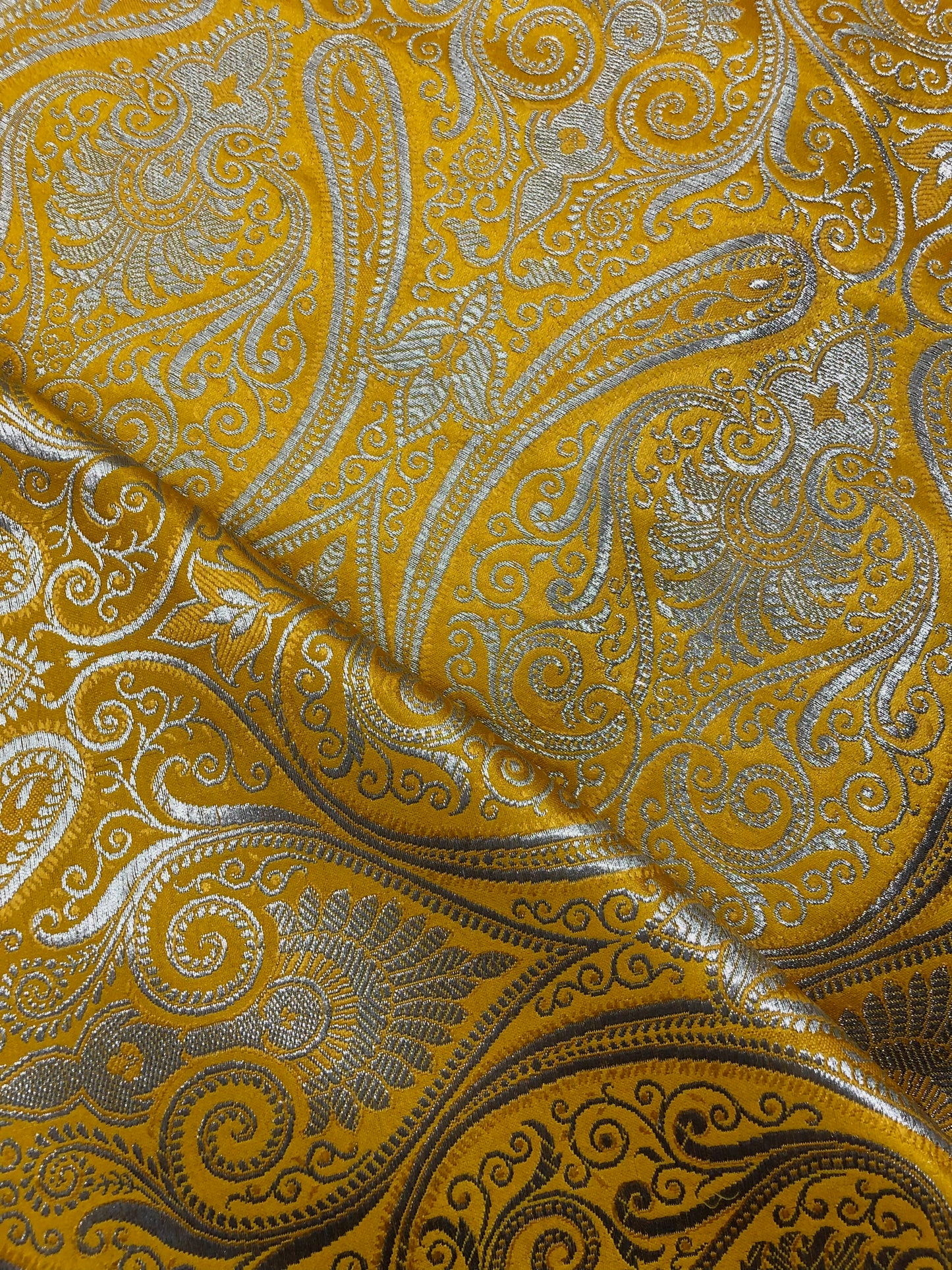 Indian Banarasi Brocade Fabric in Yellow and Silver color, Multiple lengths will come in the continuous piece - NF743