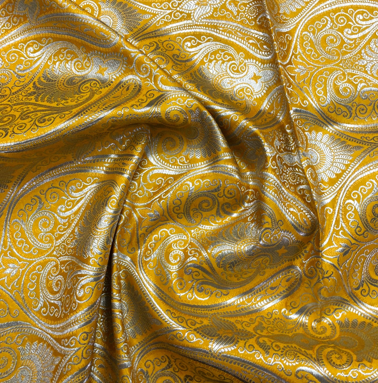 Indian Banarasi Brocade Fabric in Yellow and Silver color, Multiple lengths will come in the continuous piece - NF743