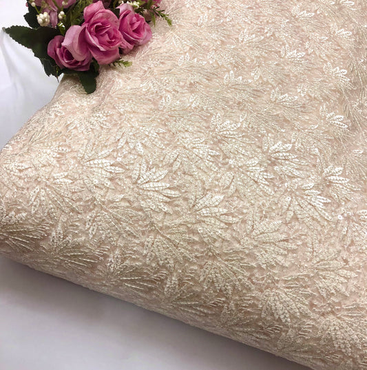 Off white embroidered fabric, Tulle fabric, Wedding dress, Mesh fabric, Floral design, Bridesmaid dress, Vintage fabric, Indian fabric - NFAF1063