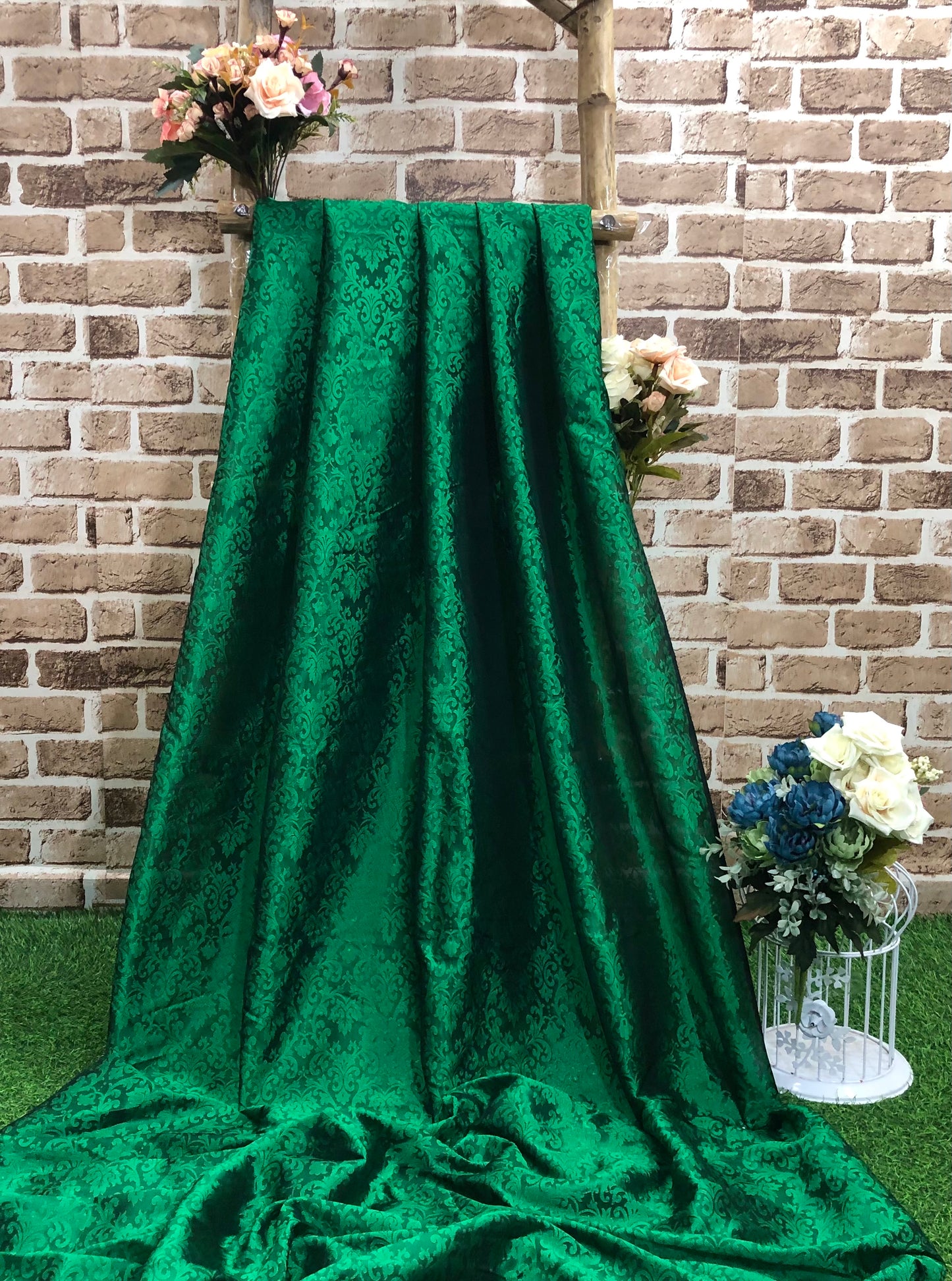 Indian Banarasi Brocade Fabric in Green Color, Multiple lengths will come in a continuous piece - NF375