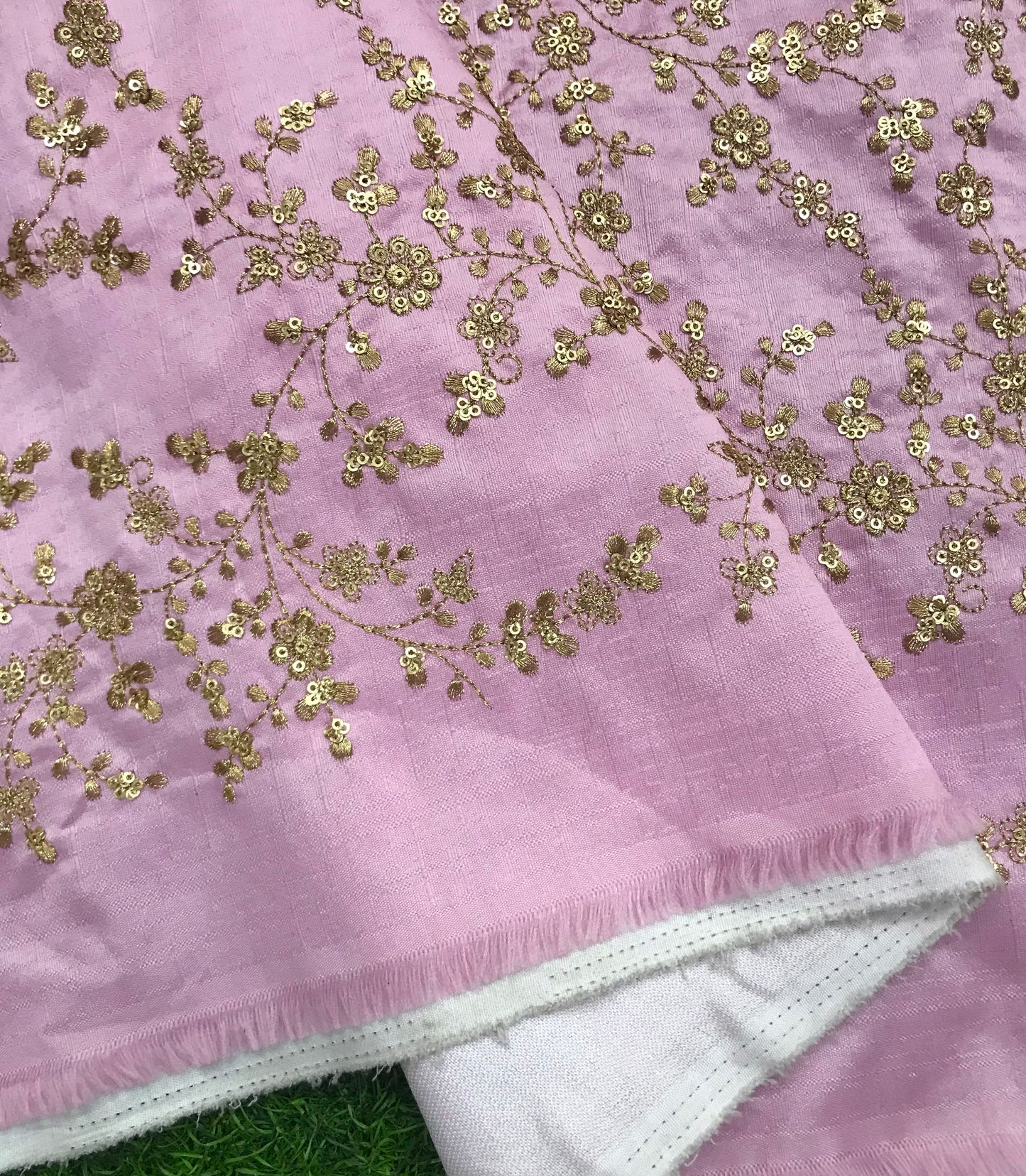 Indian Embroidered Fabric in Pink and Gold Color, Multiple lengths will come in the continuous piece - NF548