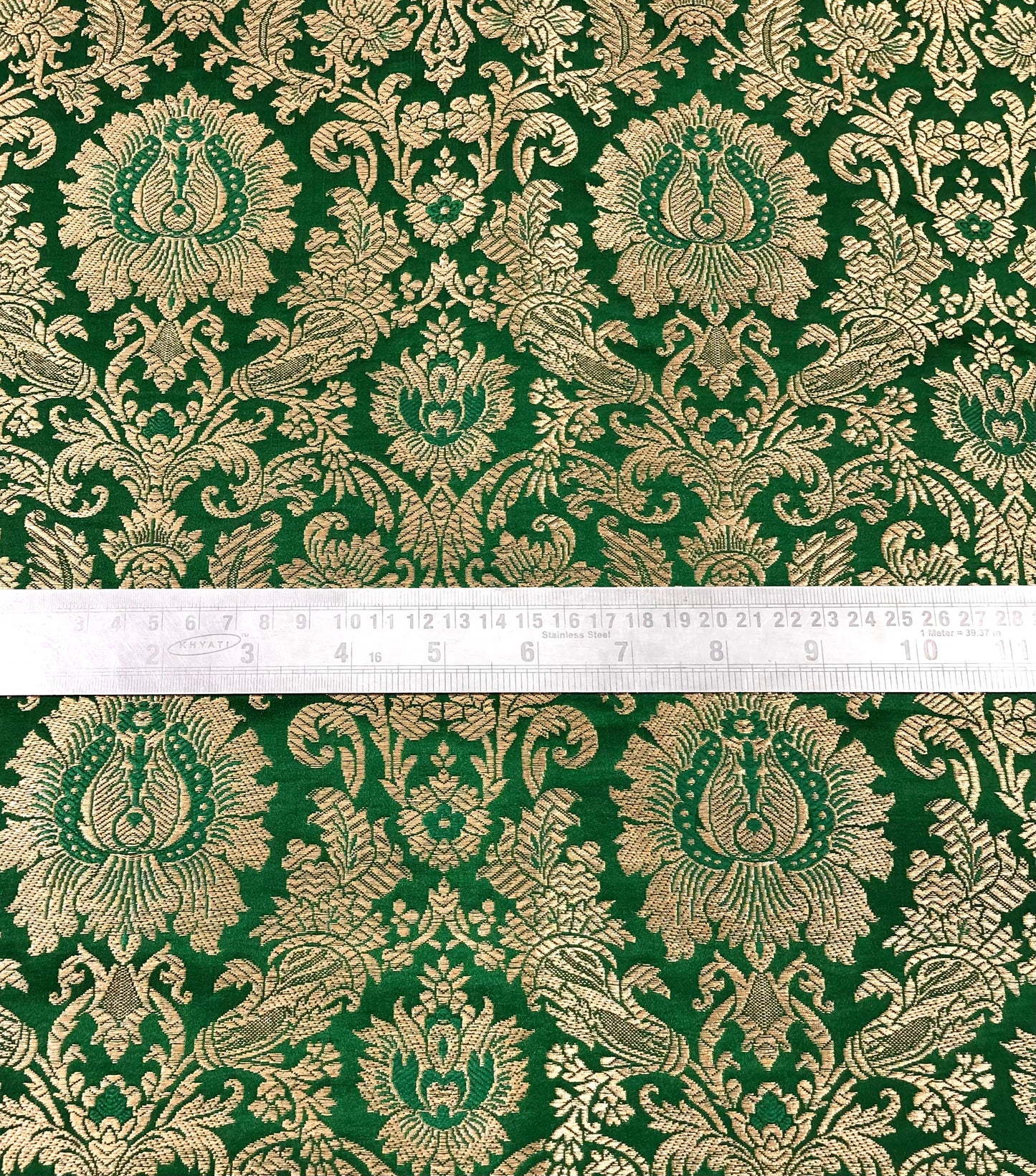 Indian Banarasi Brocade fabric in Green and Gold color, Multiple lengths will come in the continuous piece - NF323