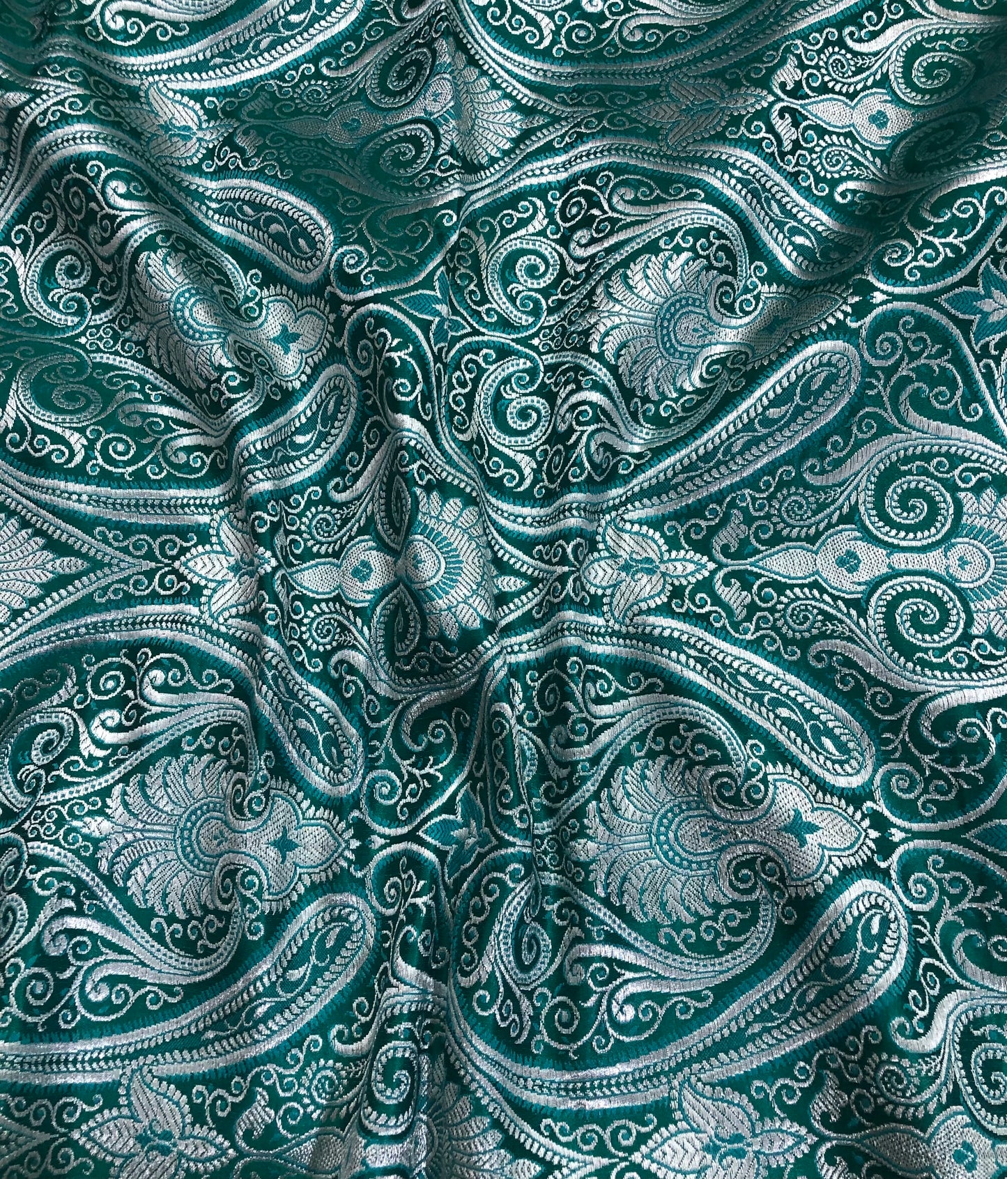 Indian Banarasi Brocade fabric in Green and Silver color, Multiple lengths will come in the continuous Piece - NF458