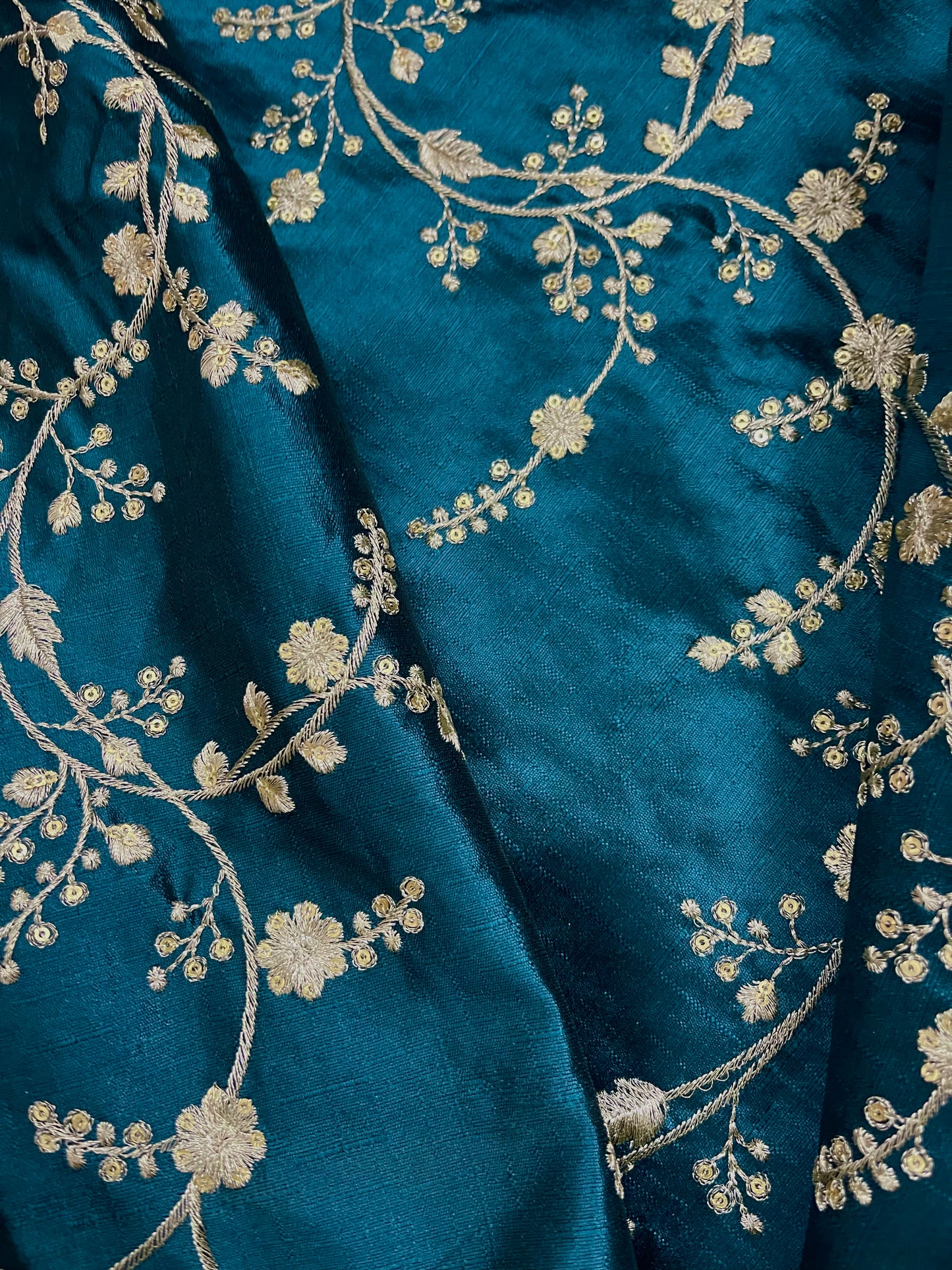 Indian Embroidered fabric in Peacock Blue and Silverish Gold color, Multiple lengths will come in the continuous piece - NFAF1087