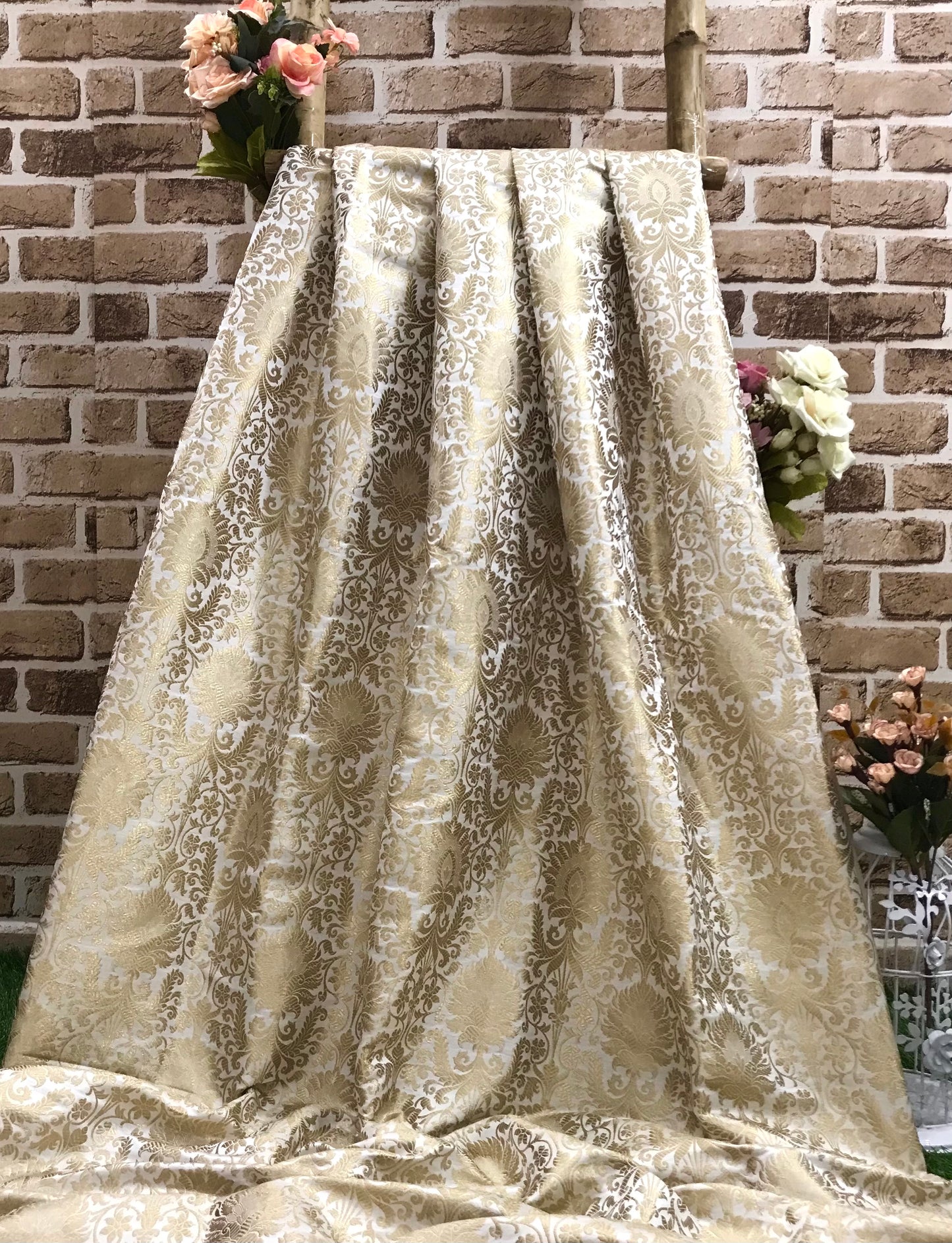 Indian Banarasi Brocade fabric in Off White and Gold color,  Multiple lengths will come in a continuous piece - NF97