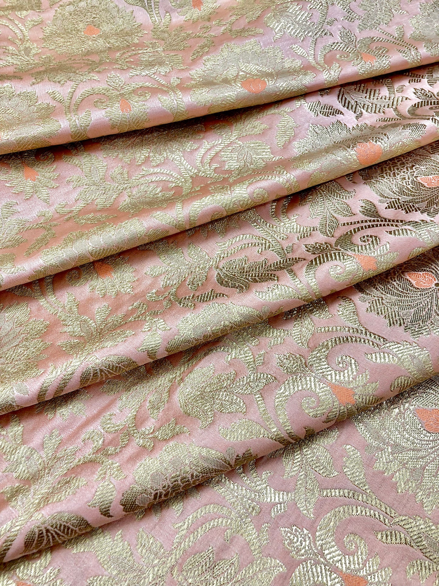 Indian Banarasi Brocade fabric in Peach and Gold color,  Multiple lengths will come in the continuous piece - NF895