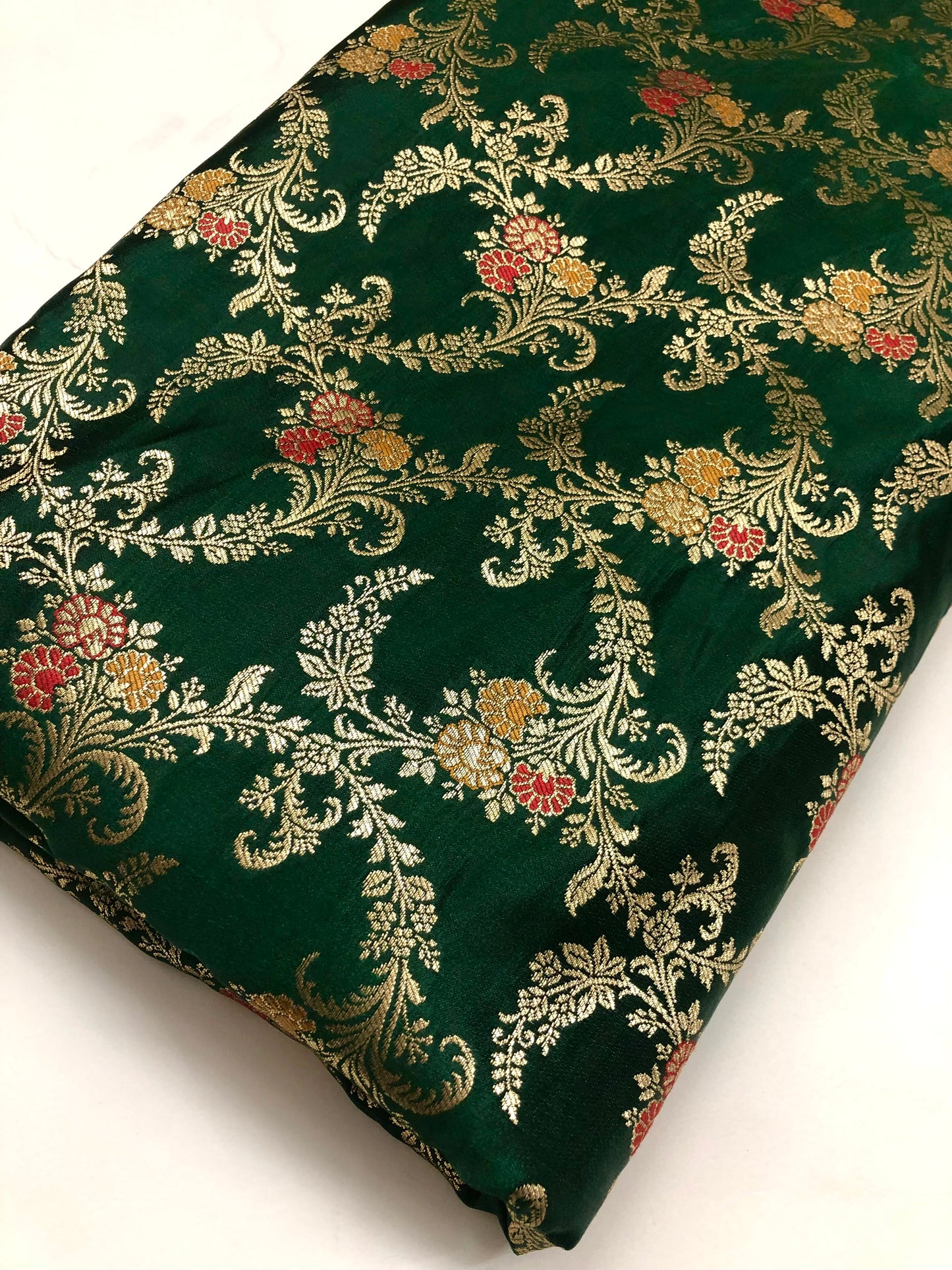 Indian Banarasi Brocade Fabric in Green and Gold color, Multiple lengths will come in the continuous piece - NF432