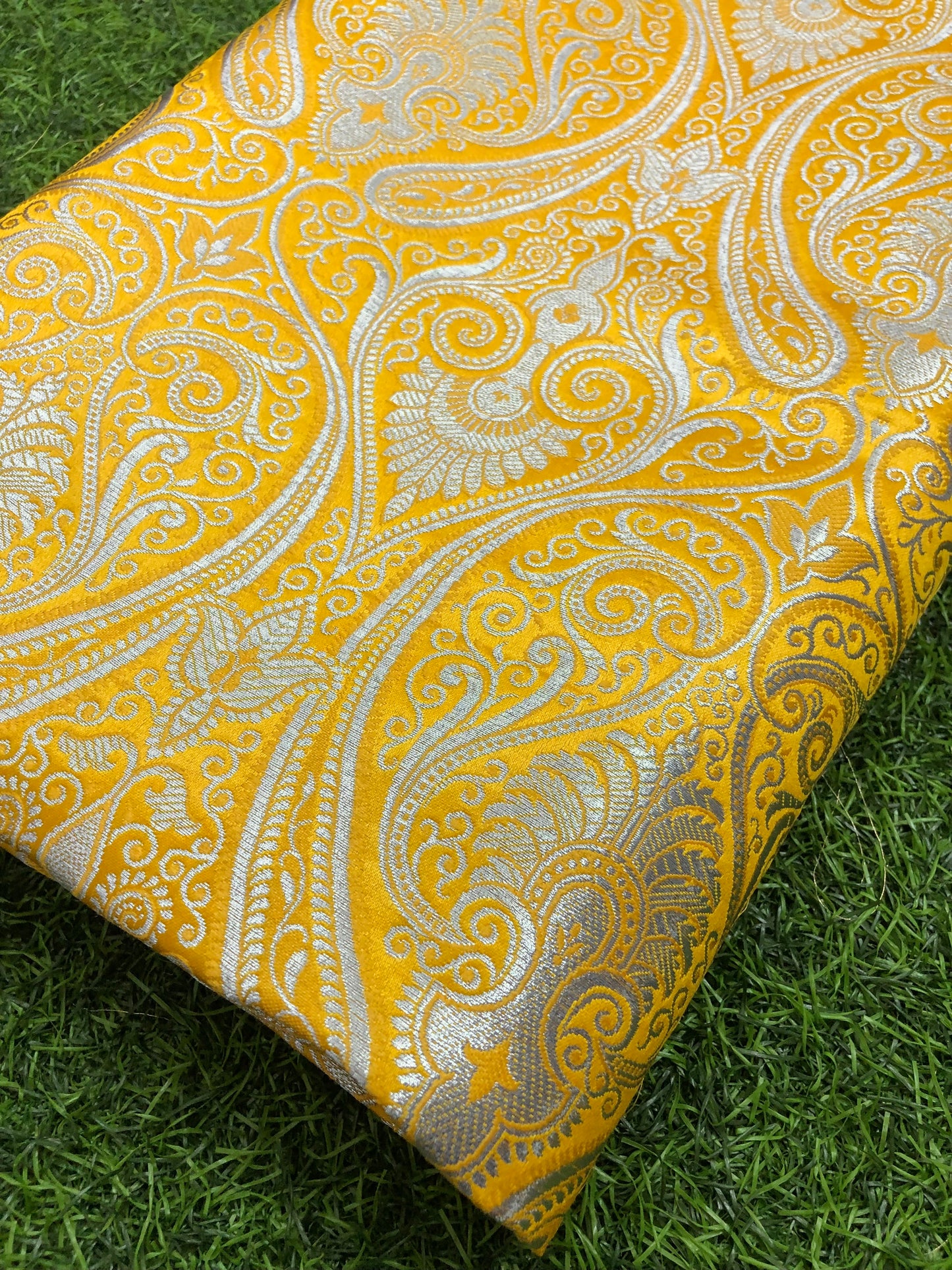 Indian Banarasi Brocade Fabric in Yellow and Silver color, Multiple lengths will come in the continuous piece - NF743