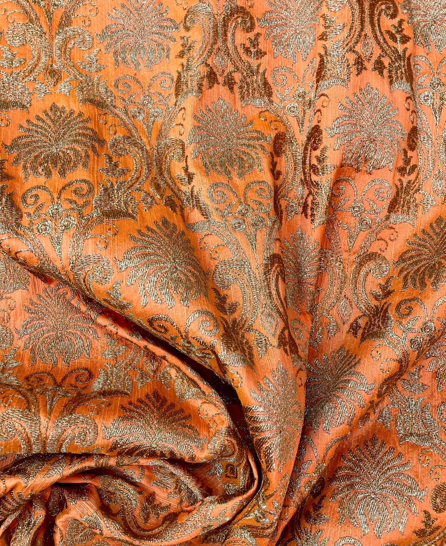 Orange embroidered fabric, Handmade, Indian fabric, Thread embroidery, Wedding dress, Bridesmaid dress, Medieval fabric, Gold flower - NFAF842