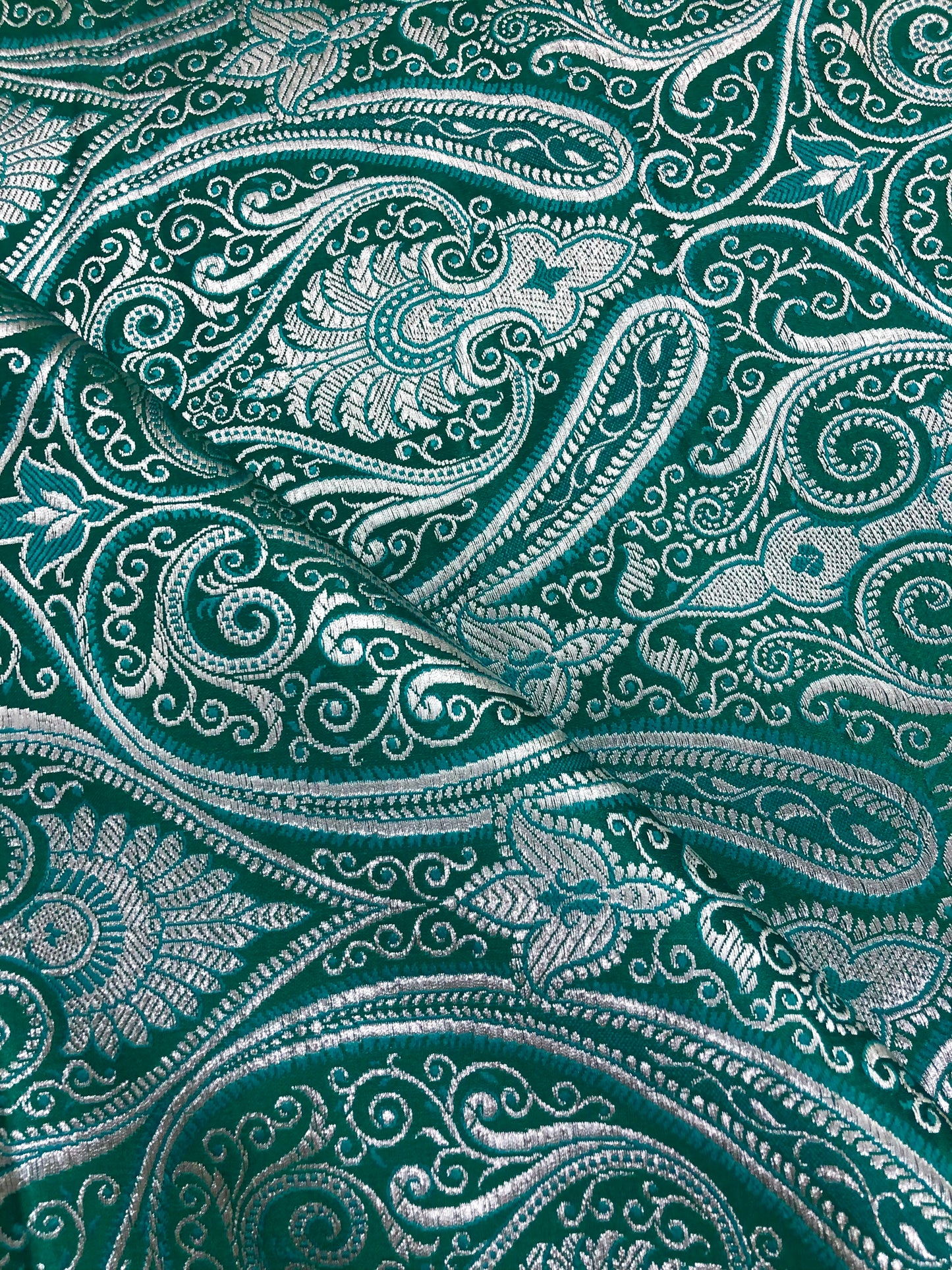 Indian Banarasi Brocade fabric in Green and Silver color, Multiple lengths will come in the continuous Piece - NF458