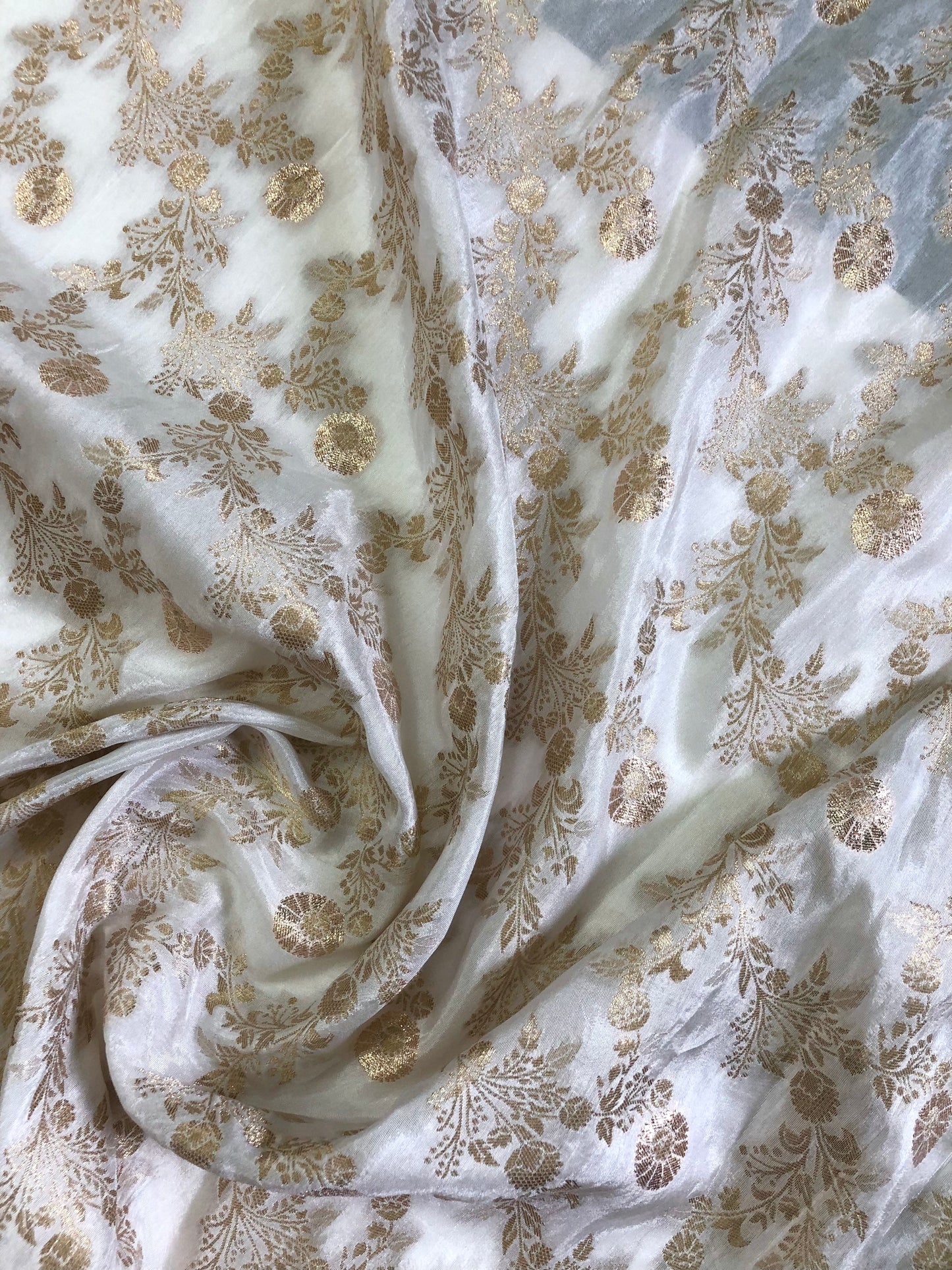 Indian Dola Silk Dyeable Fabric in White & Gold color, Multiple lengths will come in the continuous piece - NF864