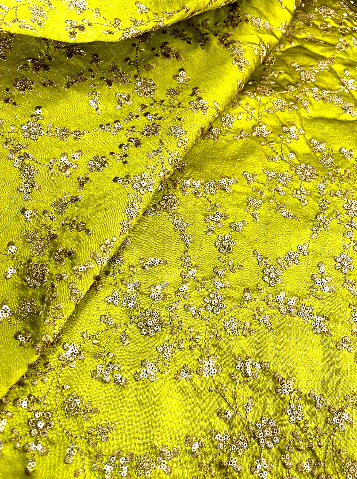 Green and gold embroidered fabric, Gold flower, Wedding dress, Embroidery design, Vintage fabric, Gold fabric, Luxury fabric, Thread embroidery - NFAF724