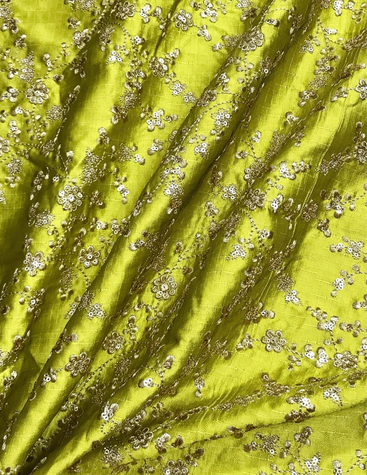 Green and gold embroidered fabric, Gold flower, Wedding dress, Embroidery design, Vintage fabric, Gold fabric, Luxury fabric, Thread embroidery - NFAF724