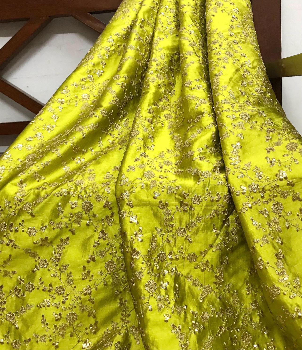 Green and gold embroidered fabric, Gold flower, Wedding dress, Embroidery design, Vintage fabric, Gold fabric, Luxury fabric, Thread embroidery - NFAF724