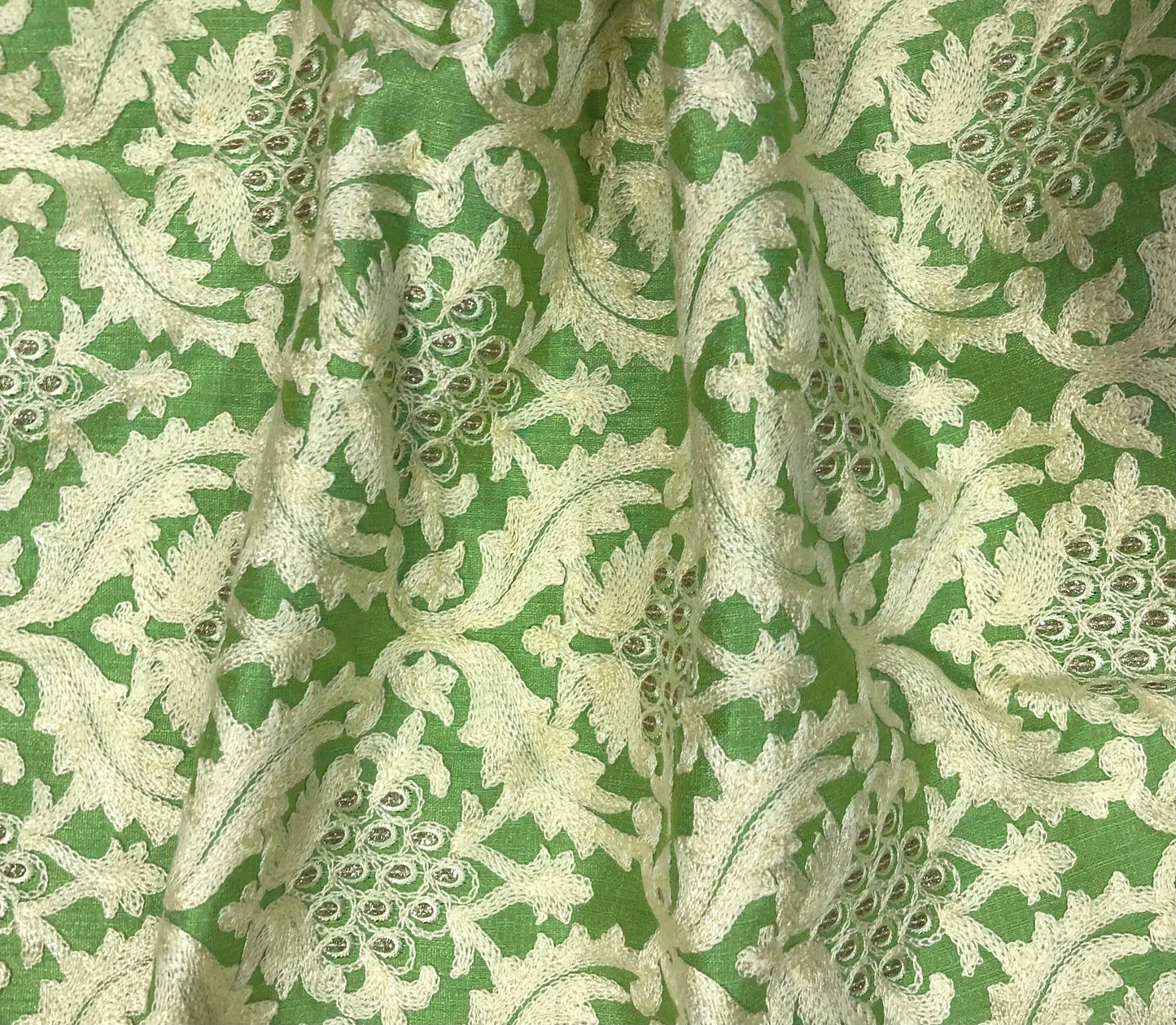 Indian Embroidered Fabric in Green color, Multiple lengths will come in the continuous piece - NF833