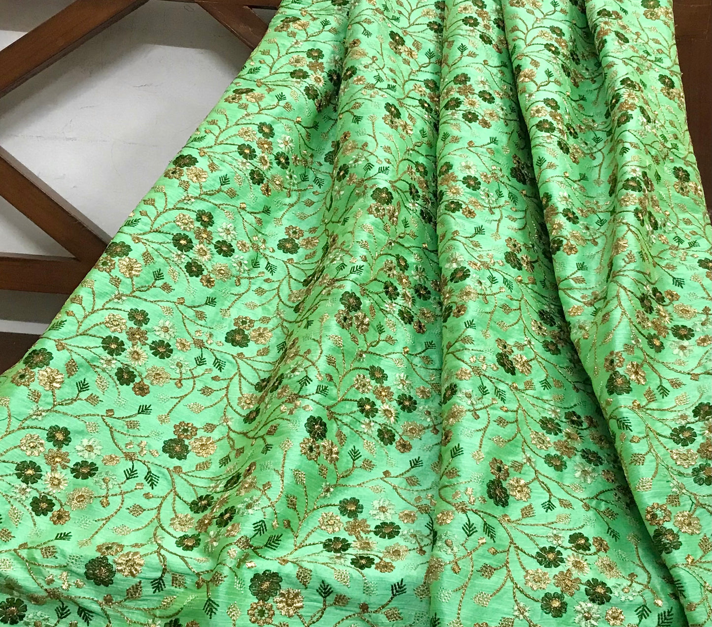 Indian Embroidered Fabric in Green & Gold, Multiple lengths will come in the continuous piece - NF824