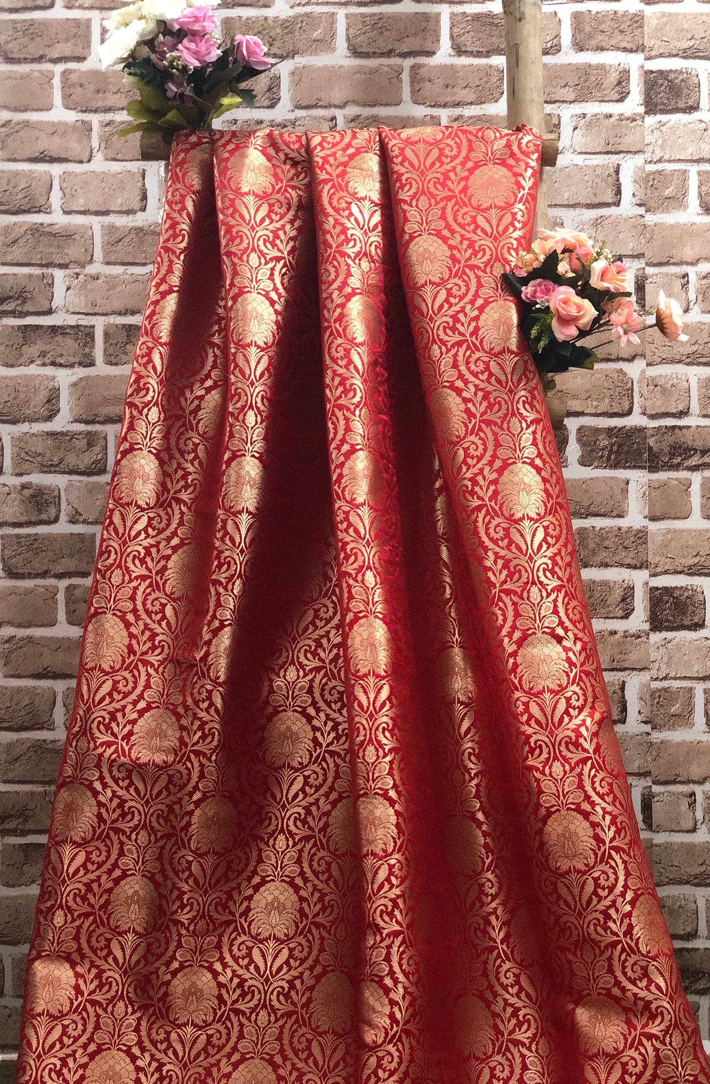 Indian Banarasi Brocade Fabric in Red and Gold color, Multiple lengths will come in the continuous Piece - NF416