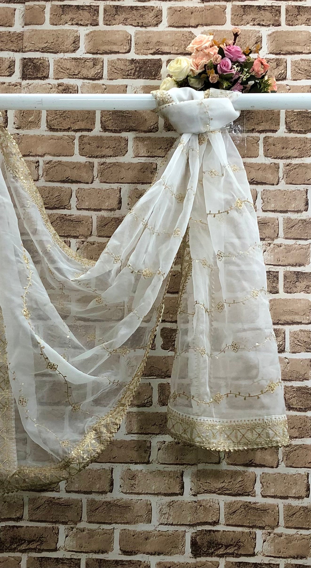 White & Gold Organza Dupatta and Sequins Embroidery, Indian Stole, Scarf for women, Bridal Wedding Fabric, Veil, DP13