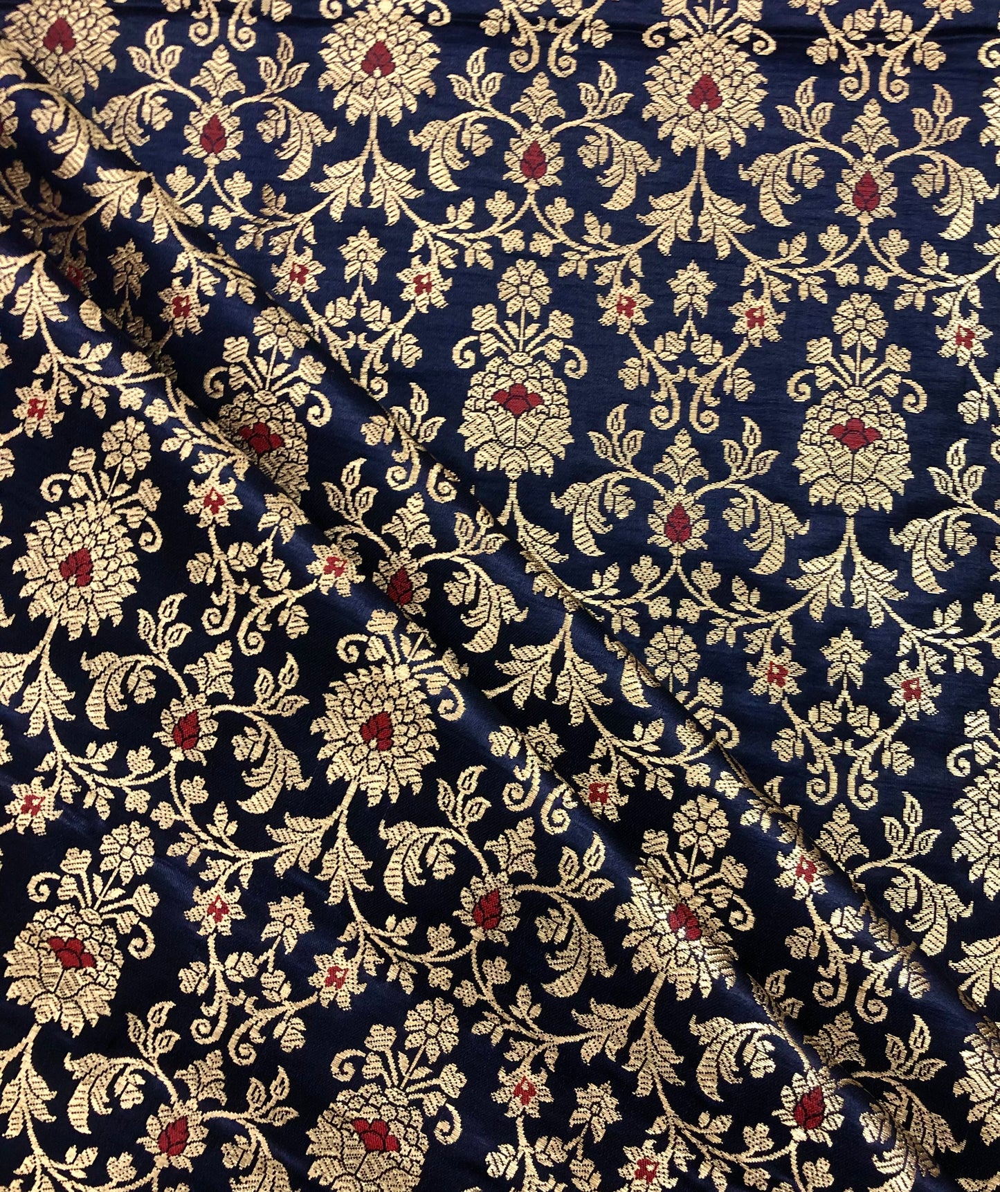 India Banarasi Brocade Fabric in Navy Blue and Gold color,  Multiple lengths will come in the continuous Piece - NF704