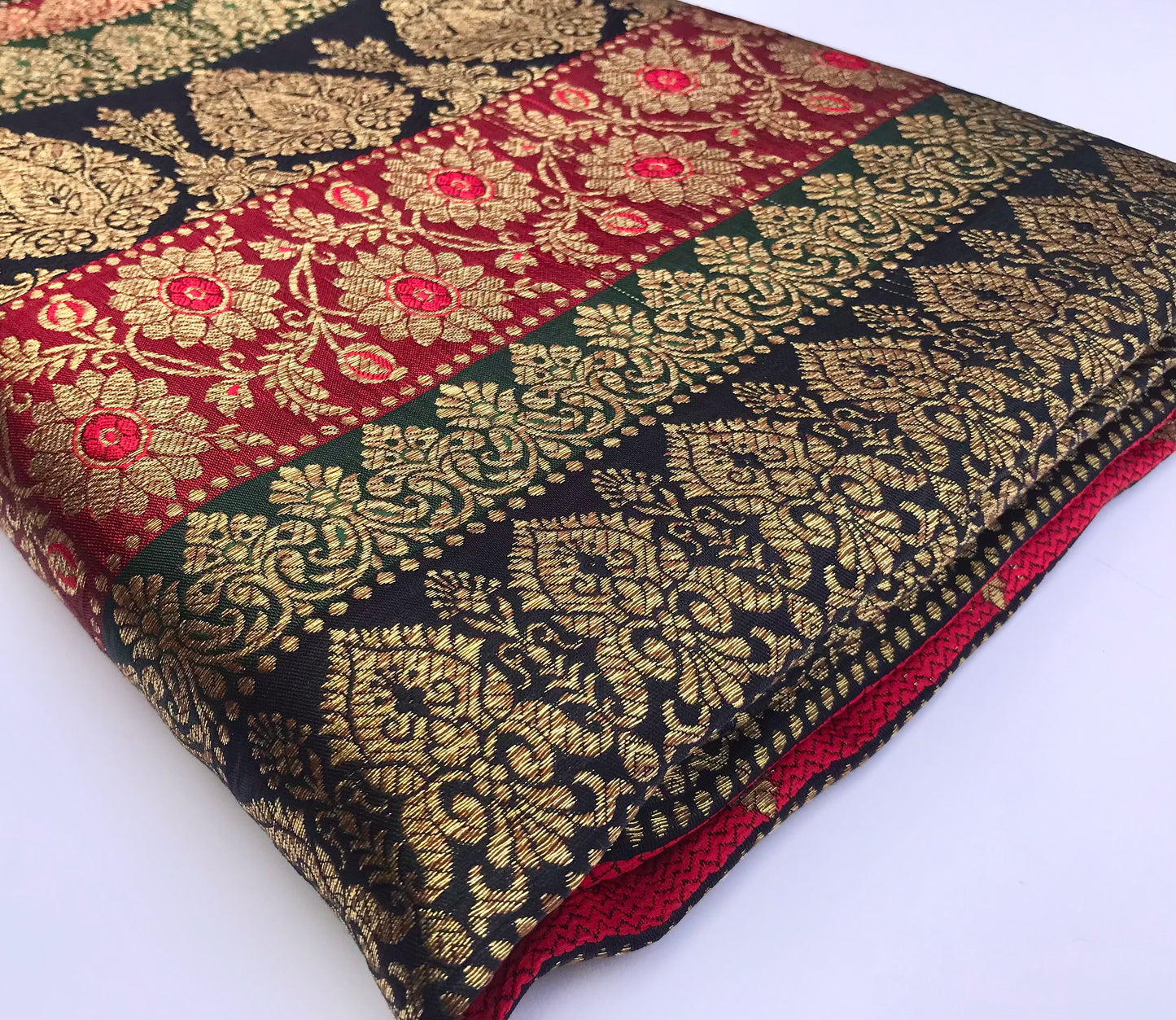 Indian Banarasi Brocade Fabric in Green, Red and Gold color,  Multiple lengths will come in the continuous piece - NF572