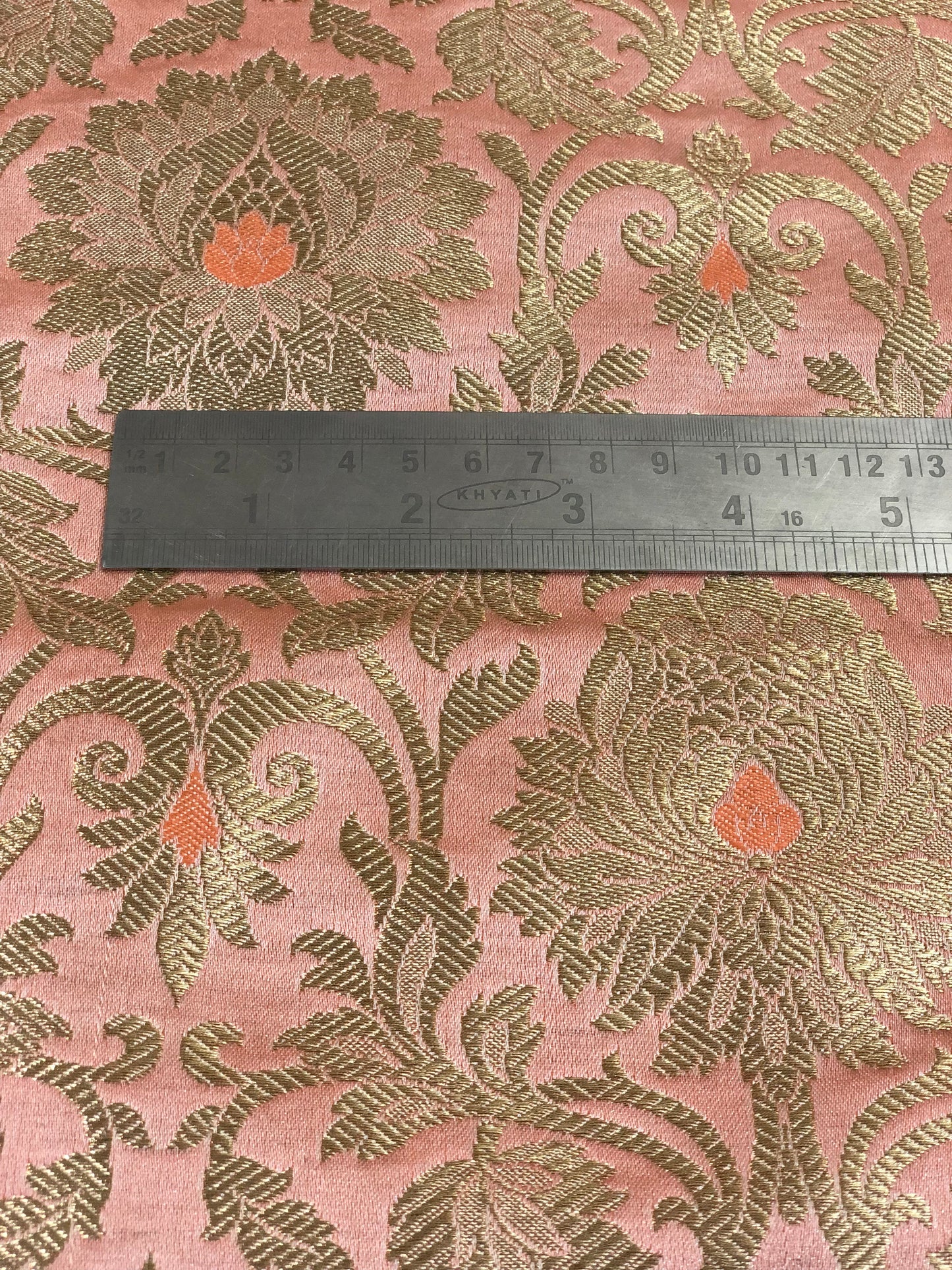 Indian Banarasi Brocade fabric in Peach and Gold color,  Multiple lengths will come in the continuous piece - NF895