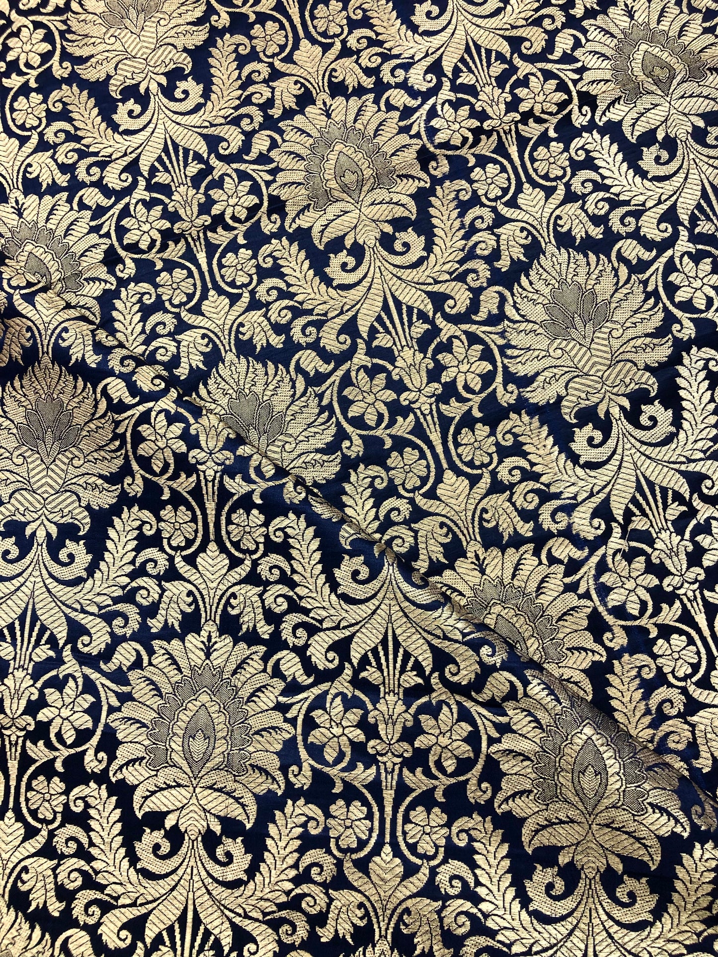 India Banarasi Brocade Fabric in Navy Blue and Gold color, Multiple lengths will come in the continuous piece - NF577