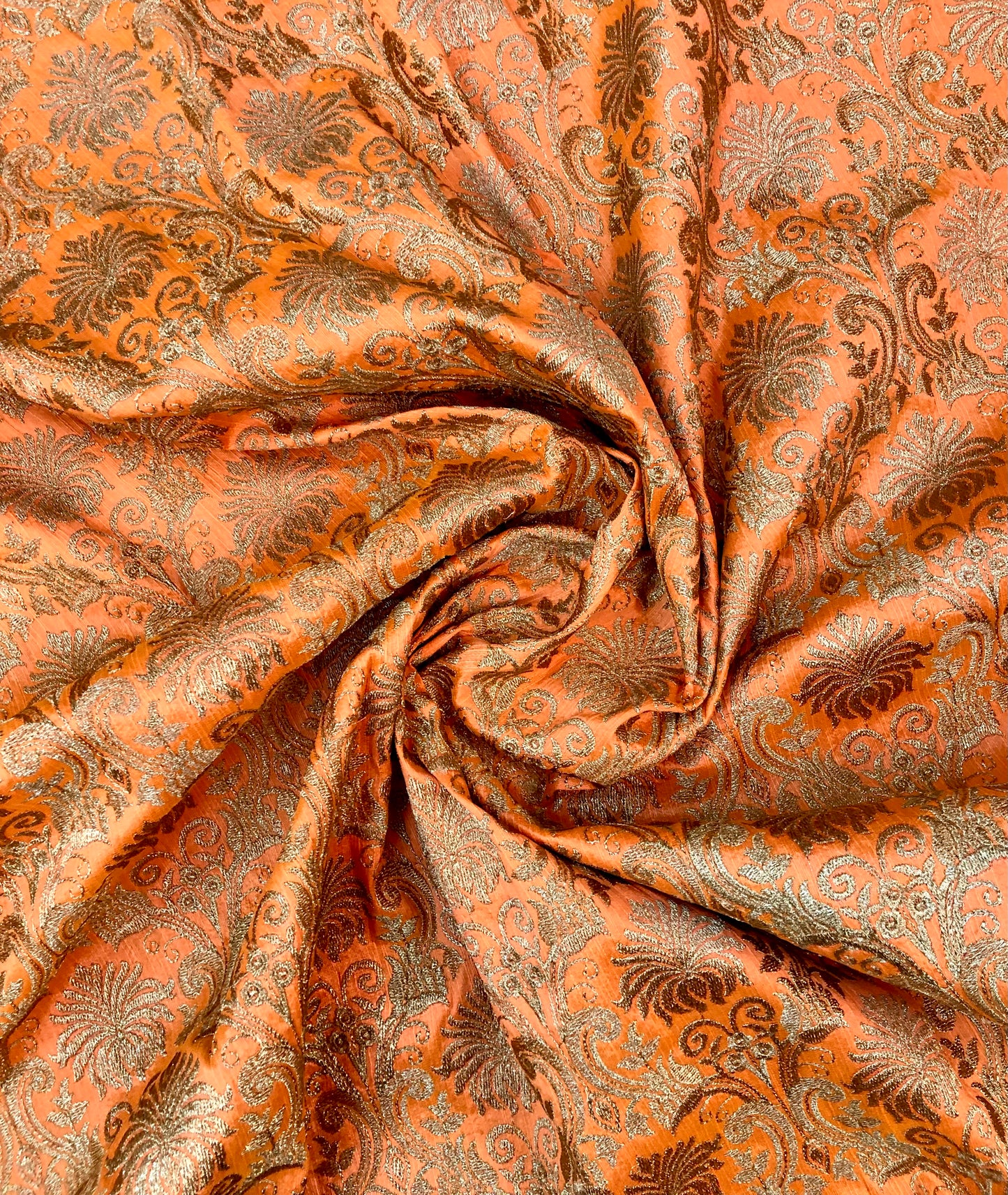 Orange embroidered fabric, Handmade, Indian fabric, Thread embroidery, Wedding dress, Bridesmaid dress, Medieval fabric, Gold flower - NFAF842