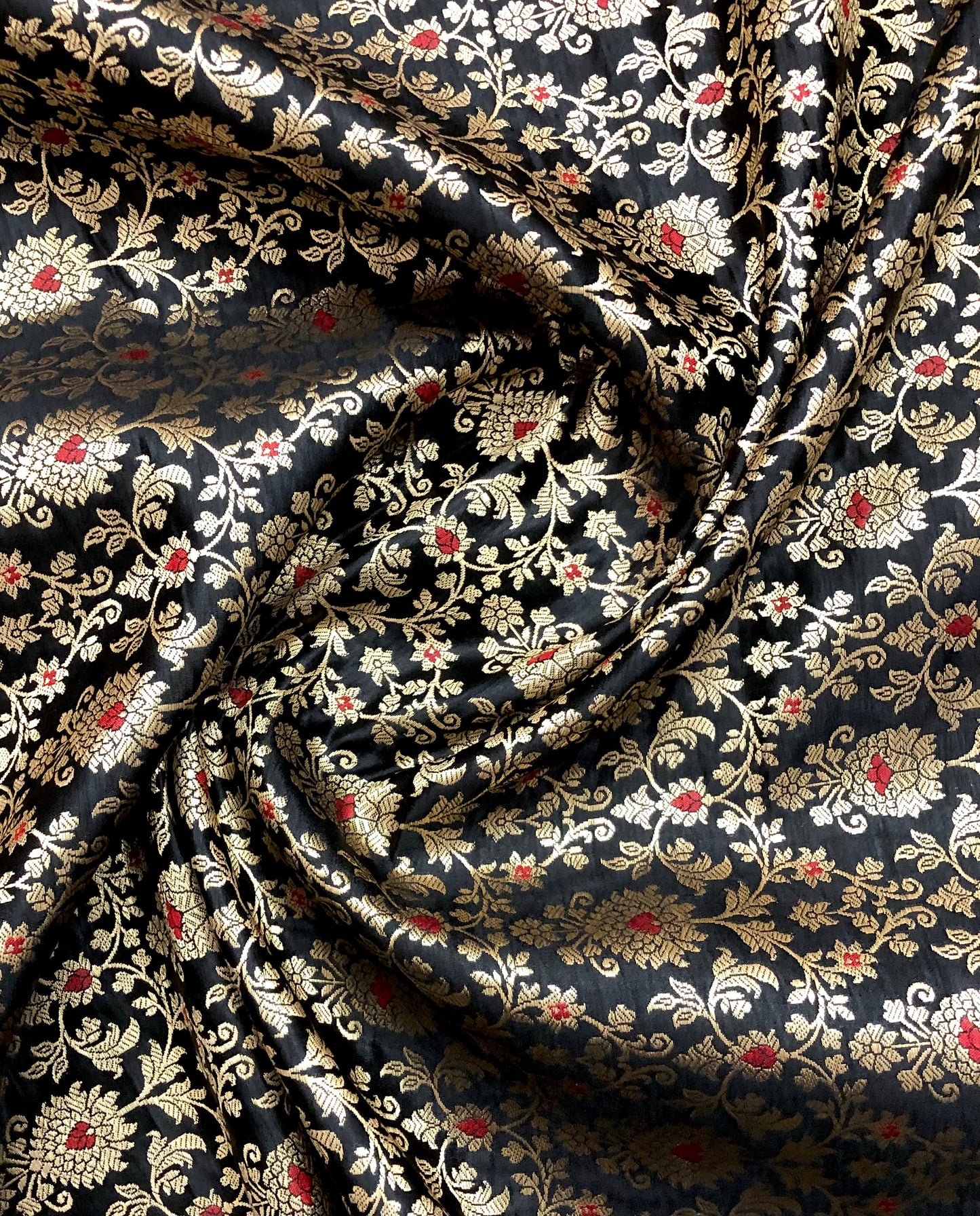 Indian Banarasi Brocade Fabric in Black and Gold Color, Multiple lengths will come in the continuous piece - NF710