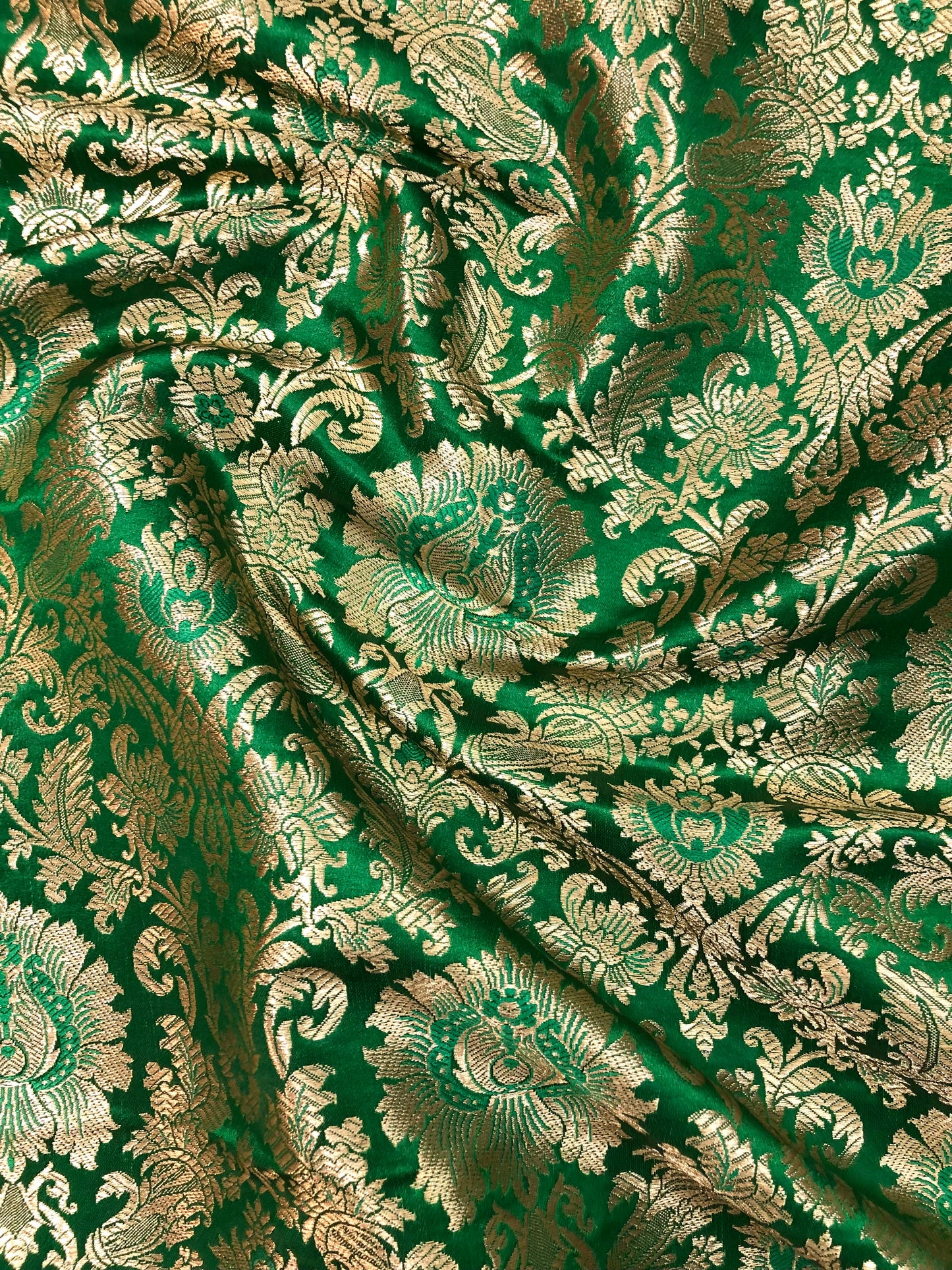 Indian Banarasi Brocade fabric in Green and Gold color, Multiple lengths will come in the continuous piece - NF323