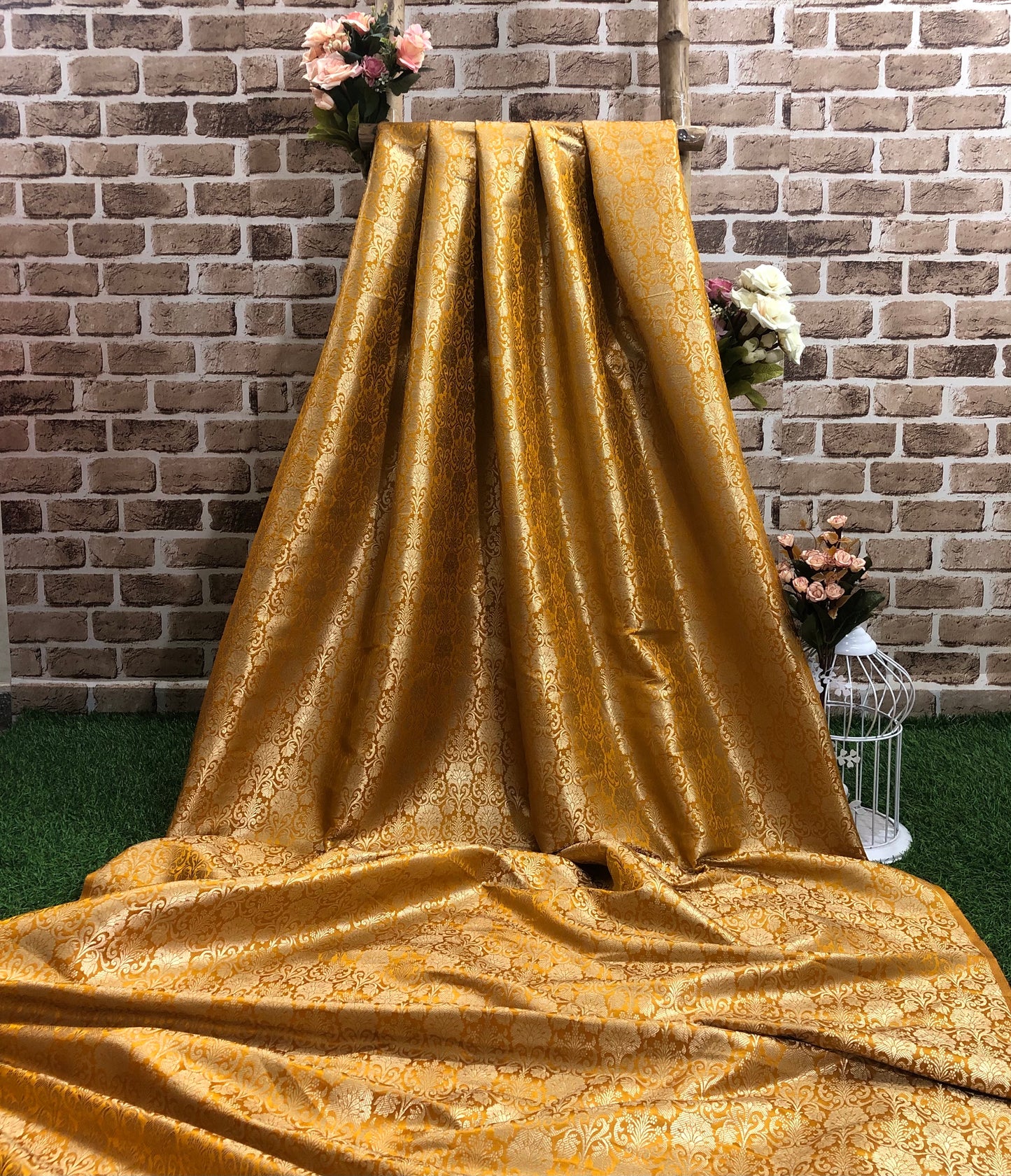 Indian Banarasi Brocade Fabric in Mustard Yellow and Gold color, Multiple lengths will come in the continuous piece - NF607