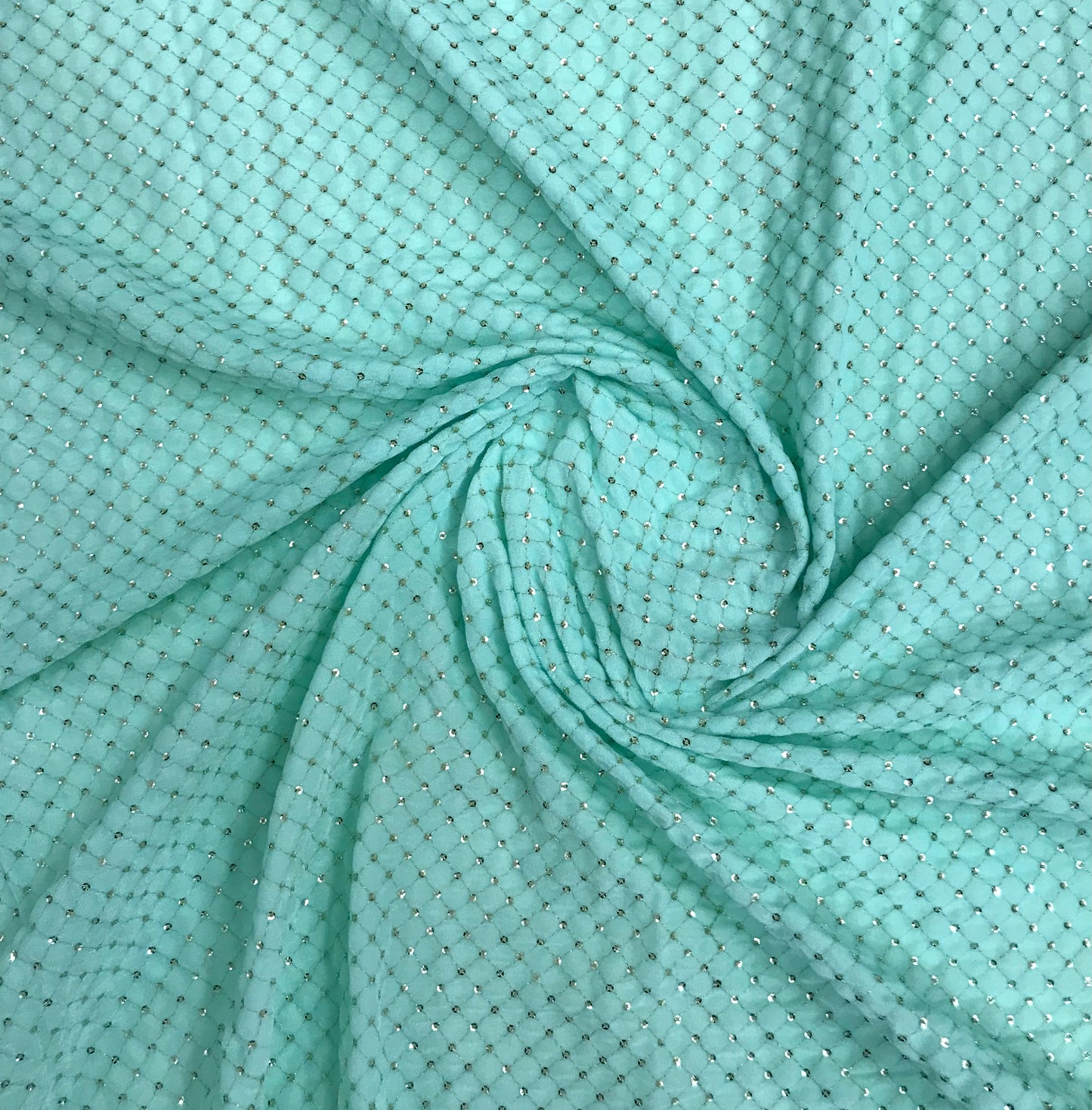 Mint Green and Gold Embroidered Stretch Velvet Fabric, Wedding Dress Fabric, Multiple lengths will come in the continuous piece - VLTF906