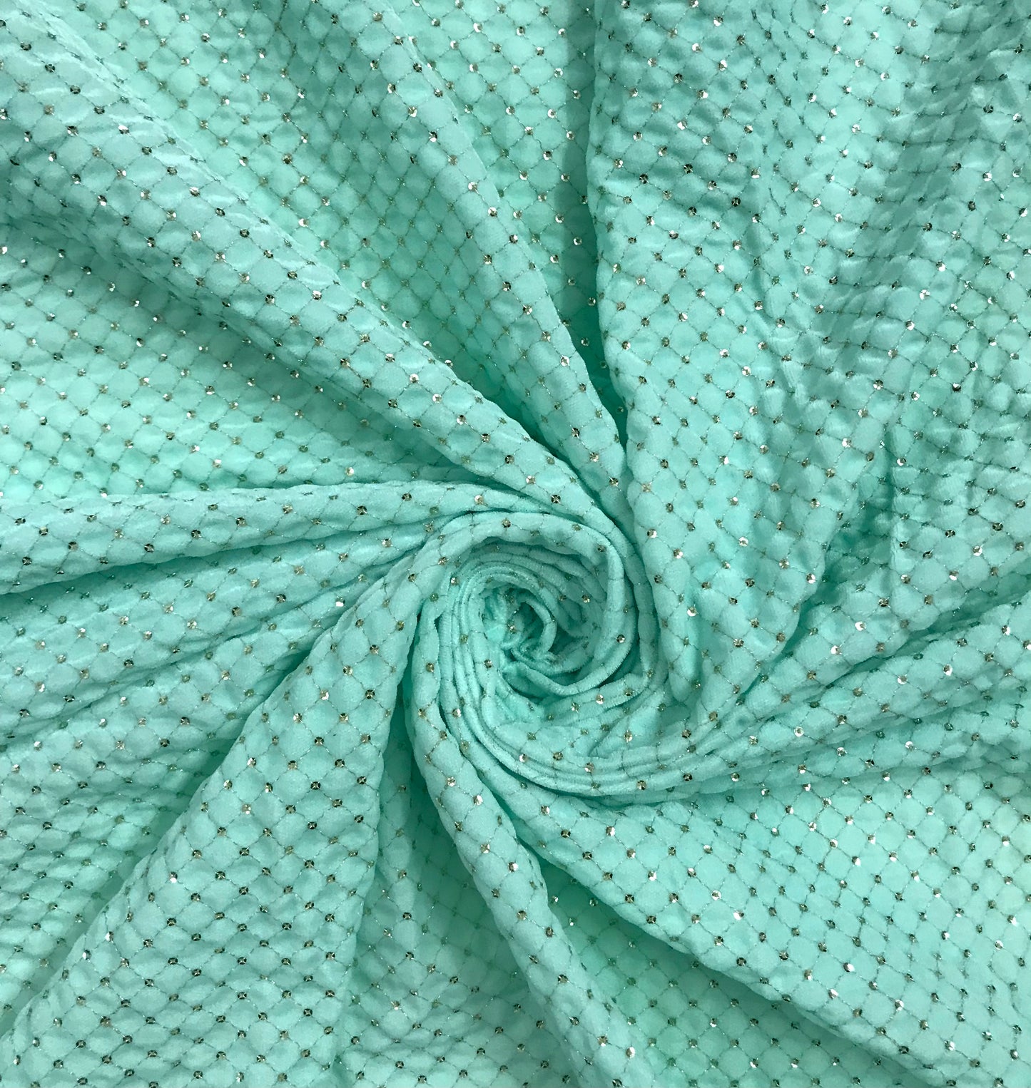 Mint Green and Gold Embroidered Stretch Velvet Fabric, Wedding Dress Fabric, Multiple lengths will come in the continuous piece - VLTF906