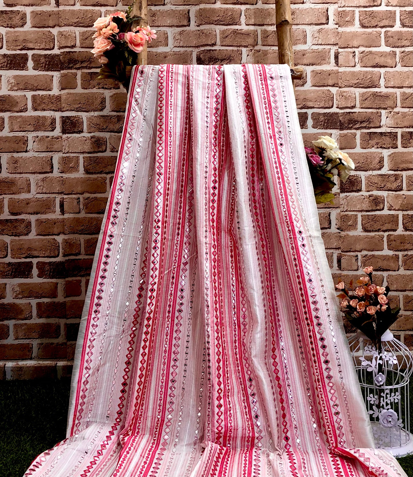 Embroidered Fabric in Pink color, Multiple lengths will come in the continuous piece - NF870