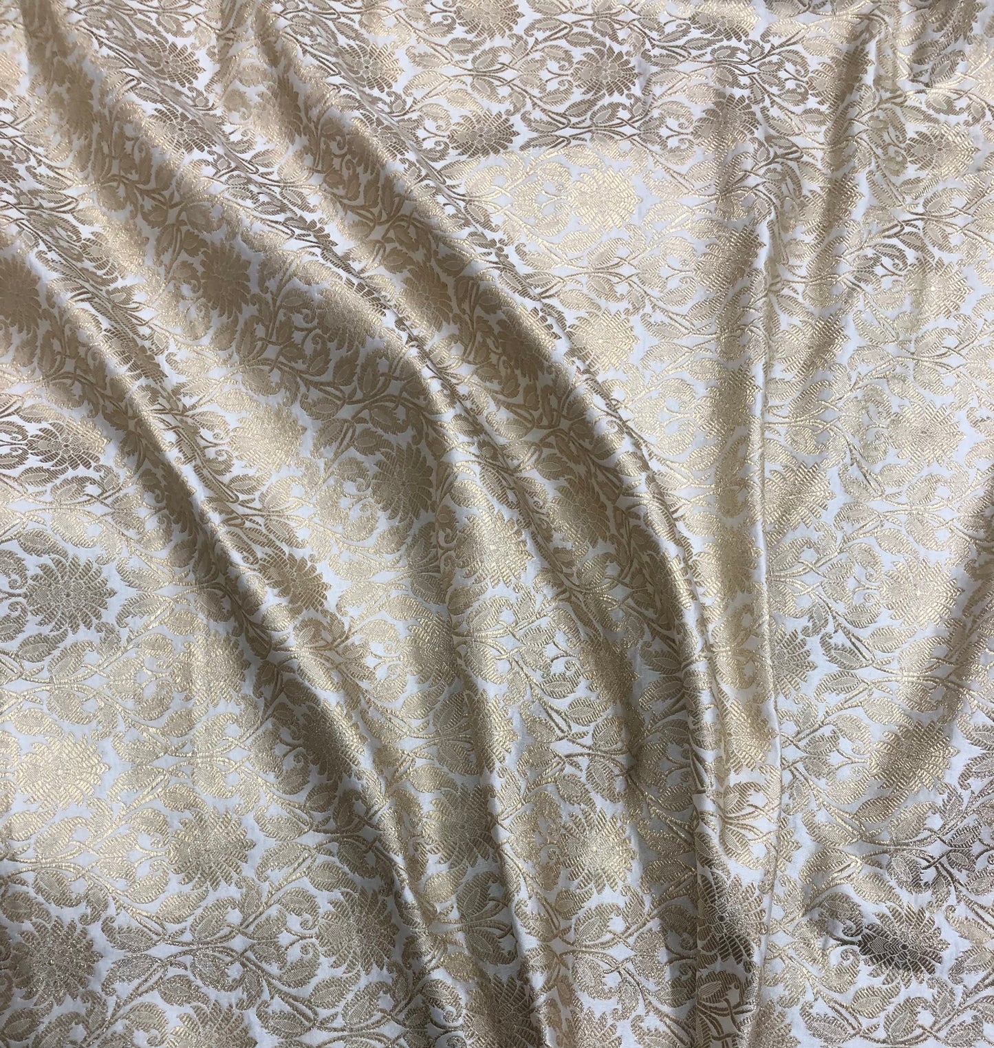 Indian Banarasi Brocade Fabric in White and Gold color, Multiple lengths will come in the continuous piece - NF650