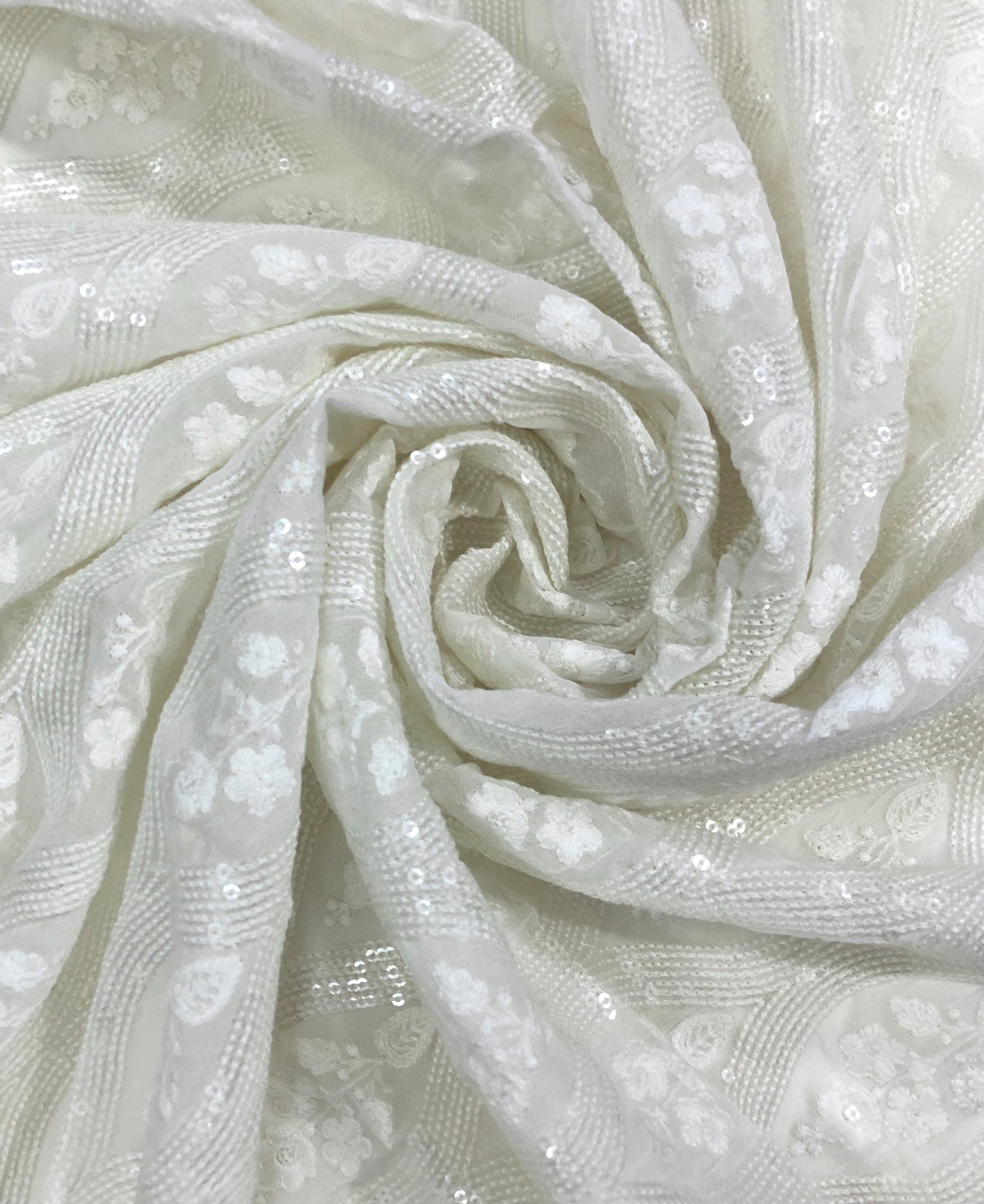 Indian Embroidered Fabric CHIFFON in Off-White color, Multiple lengths will come in the continuous piece - NF932