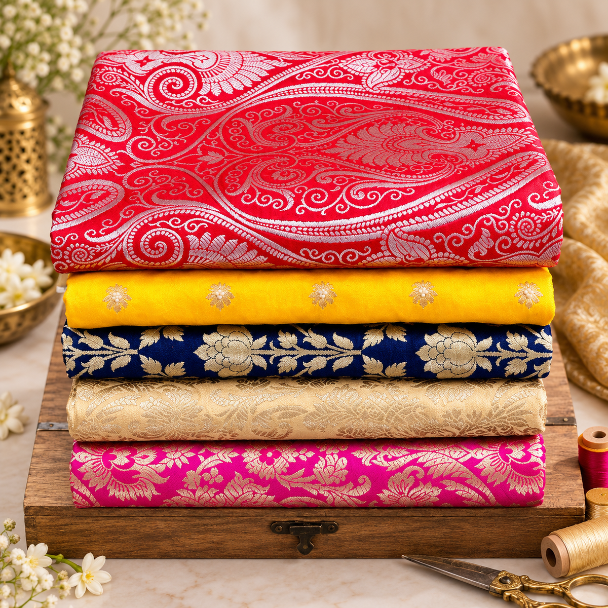 5 pcs Bundle Brocade Fabrics, assorted brocade fabric bundle, Banarasi fabric - NF02