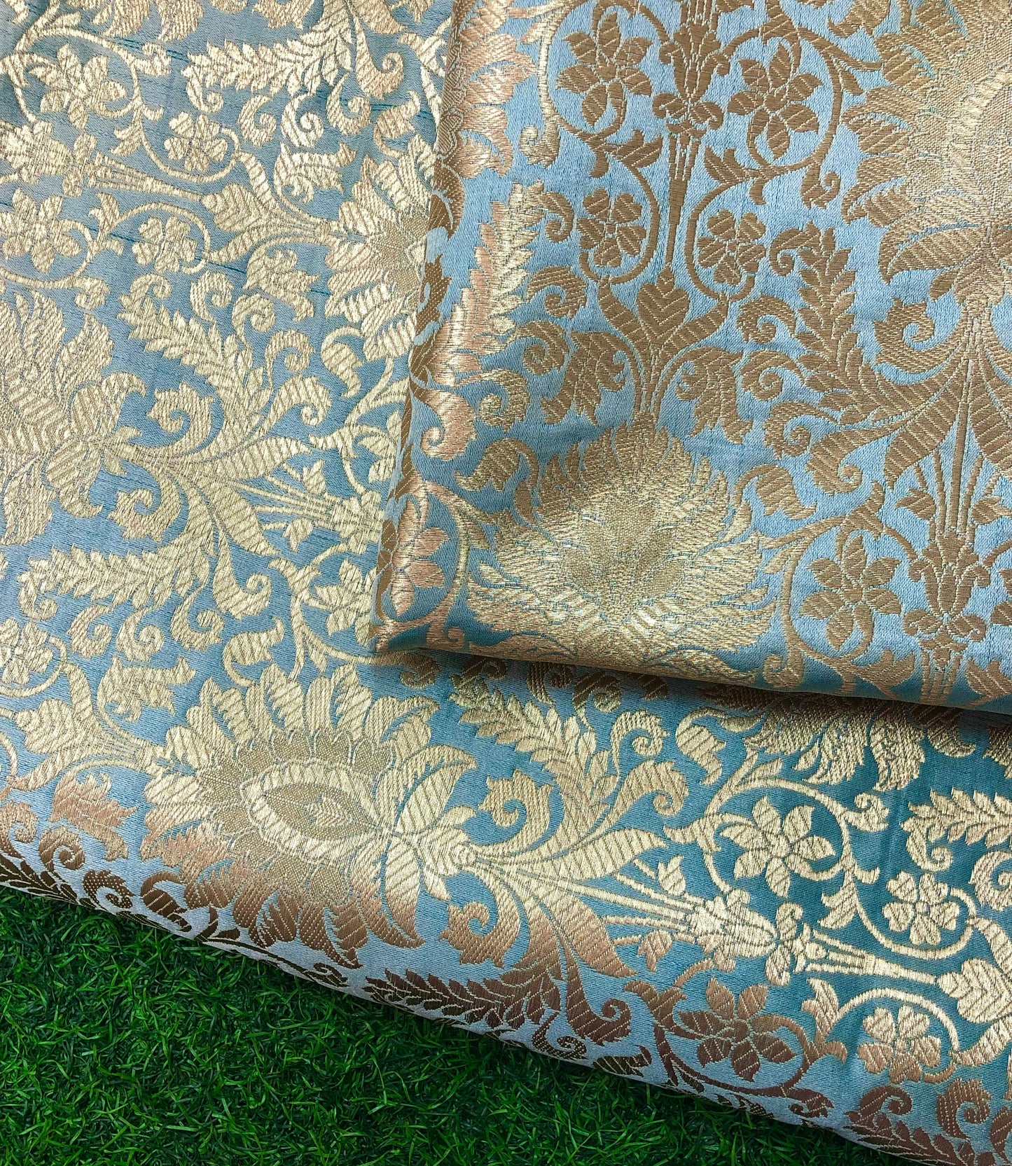 Grayish blue & gold jacquard brocade fabric, Home décor fabric, Floral brocade, Brocade Dress, party dress fabric - NFAF587