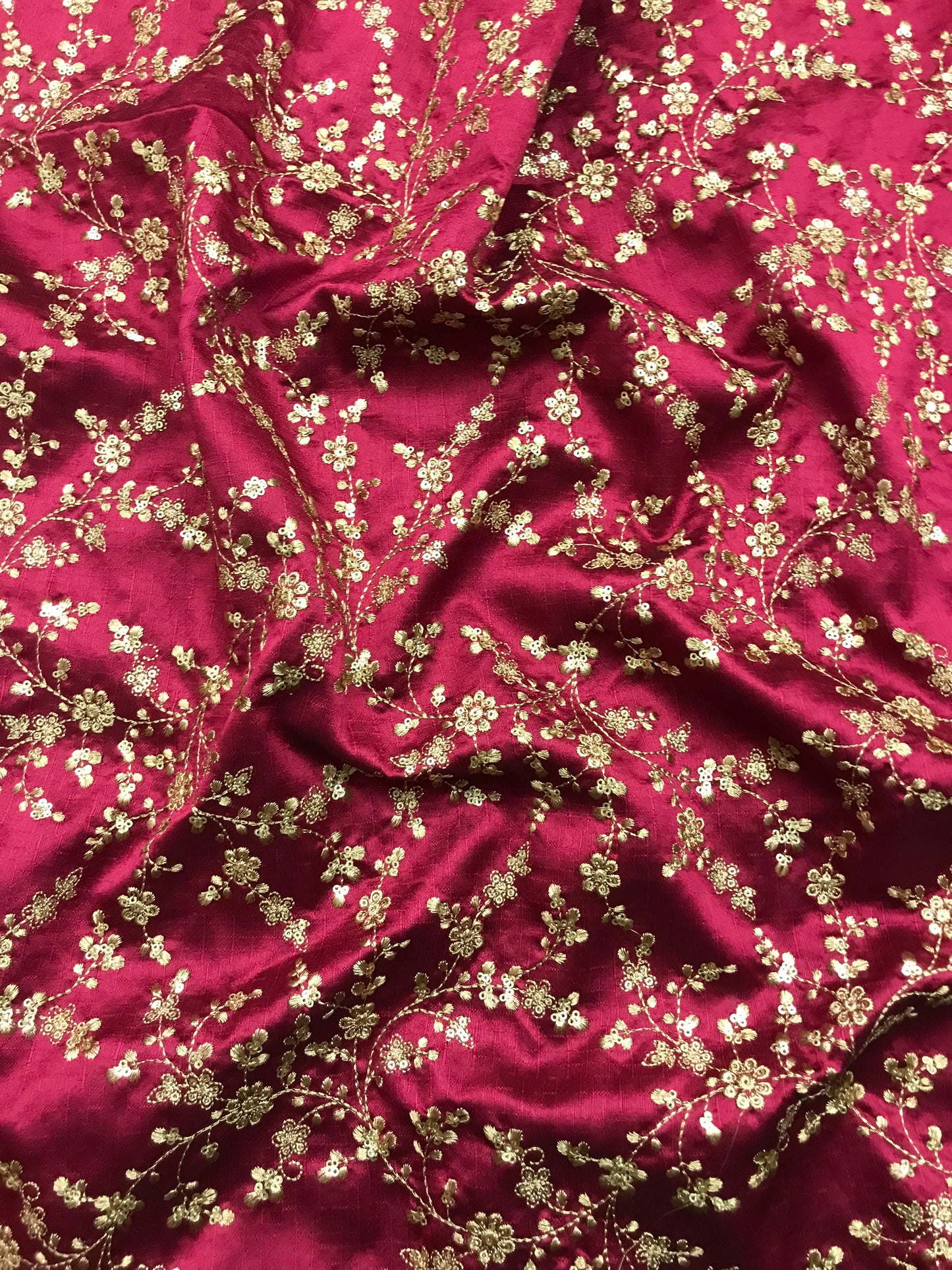 Indian Embroidered Fabric in Fuchsia Red and Gold color, Multiple lengths will come in the continuous piece - NF721